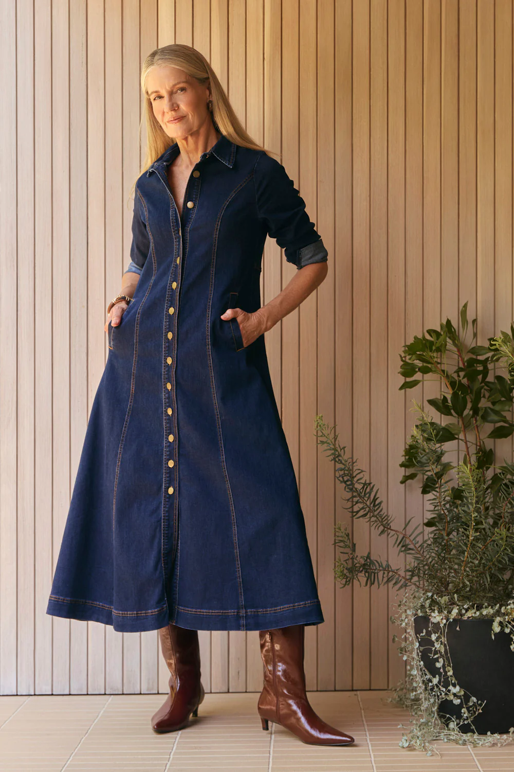 Adrift Collared Denim Dress in Dark Wash - Image 4