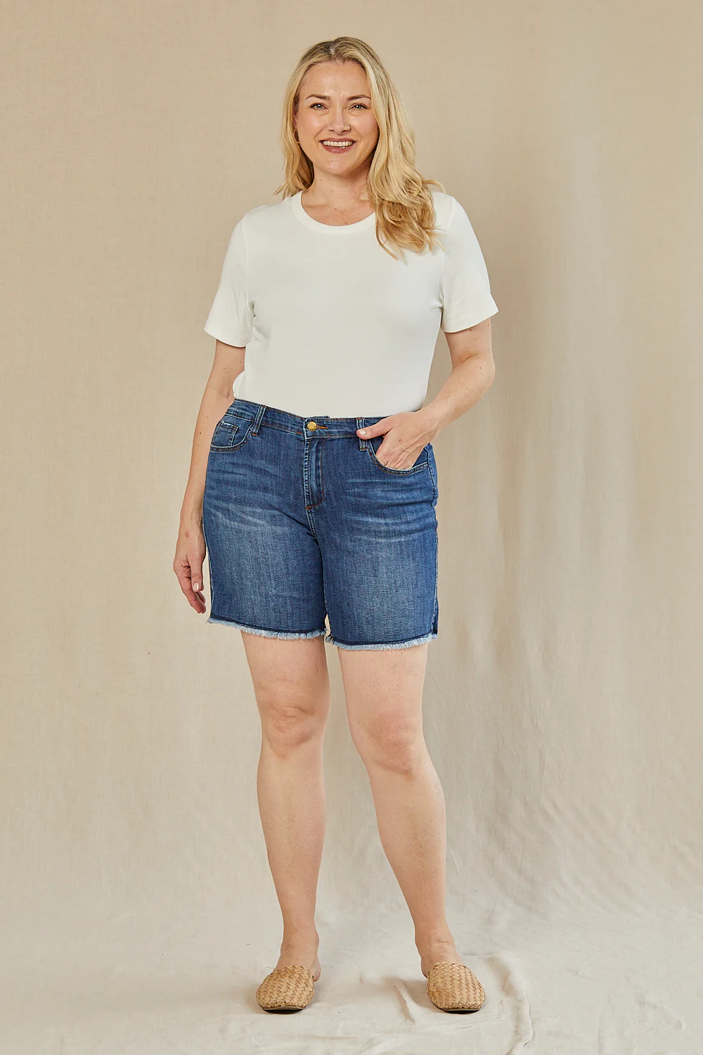 Adrift Denim Cut Off Shorts in Mid Wash - Image 3