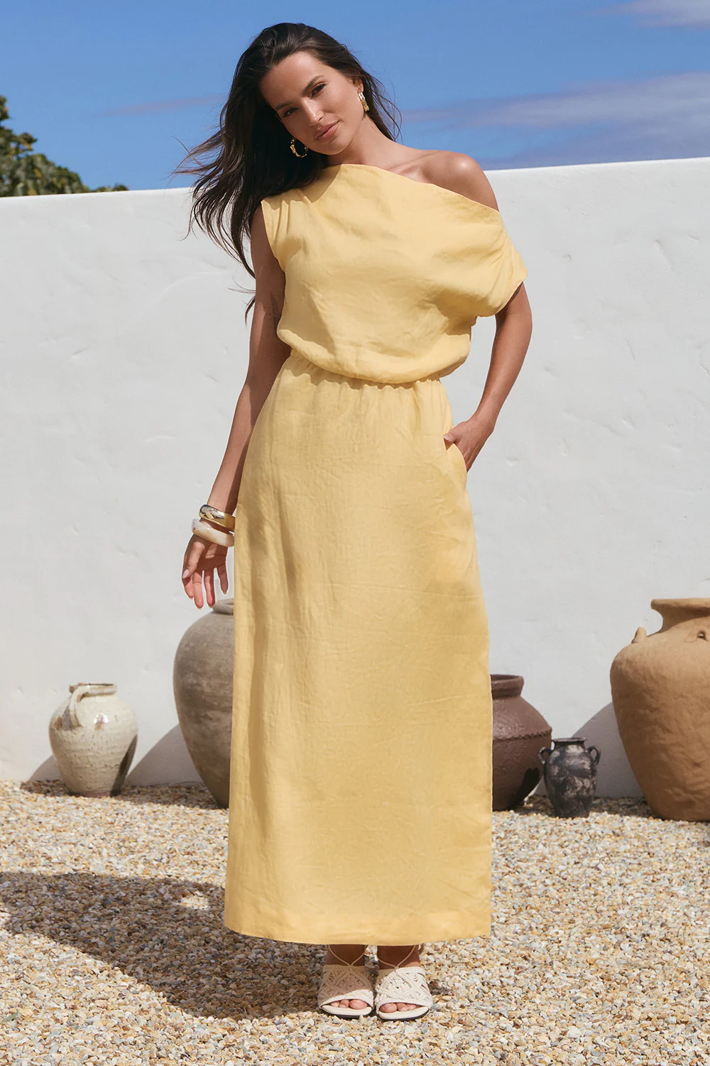 Alice Linen Drop Shoulder Dress in Buttery Yellow - Image 3