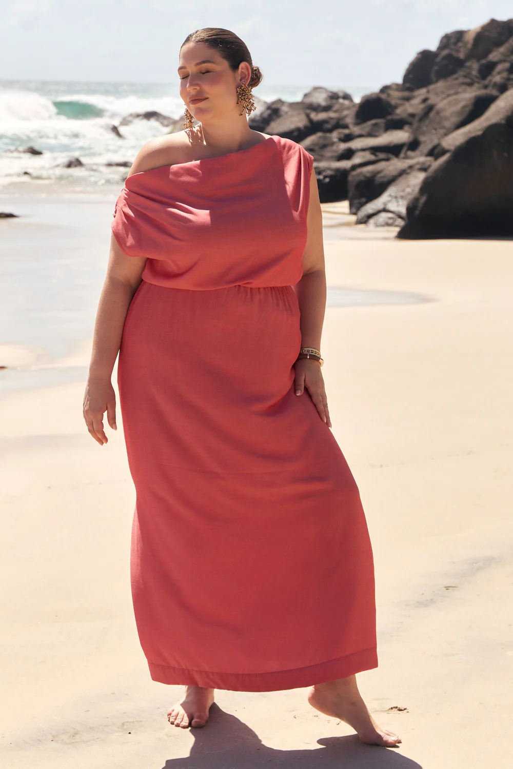 Alice Drop Shoulder Dress in Coral
