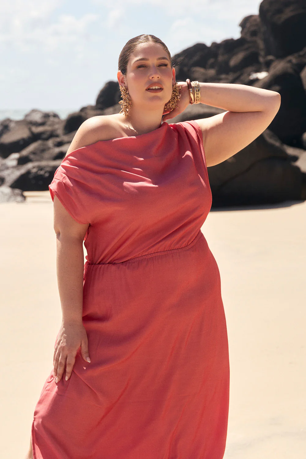 Alice Drop Shoulder Dress in Coral - Image 2
