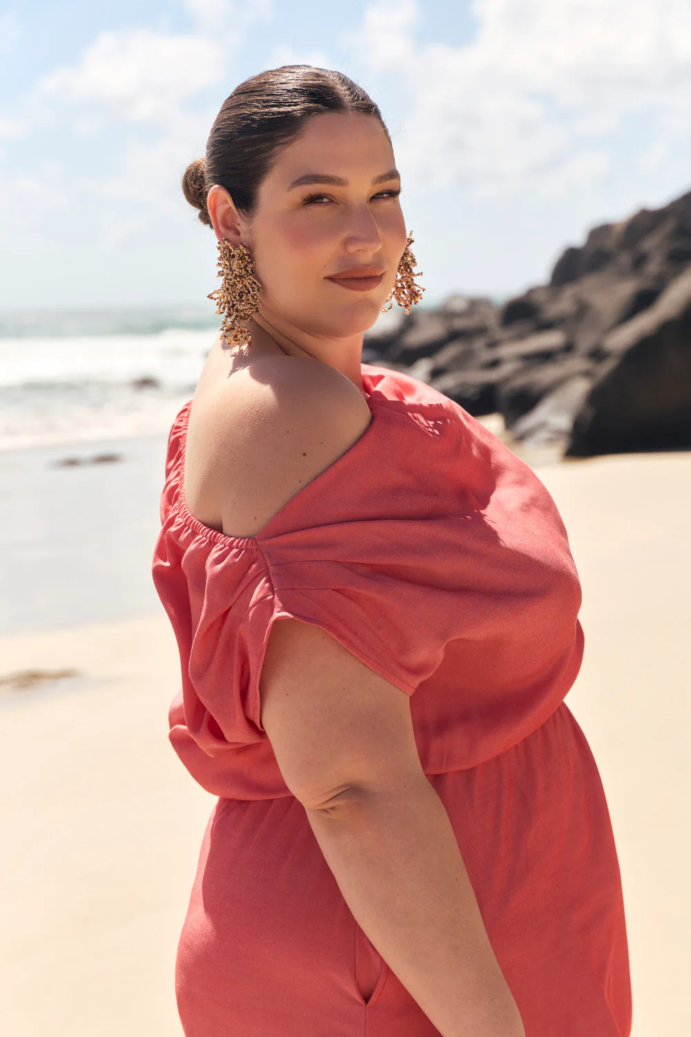 Alice Drop Shoulder Dress in Coral - Image 4