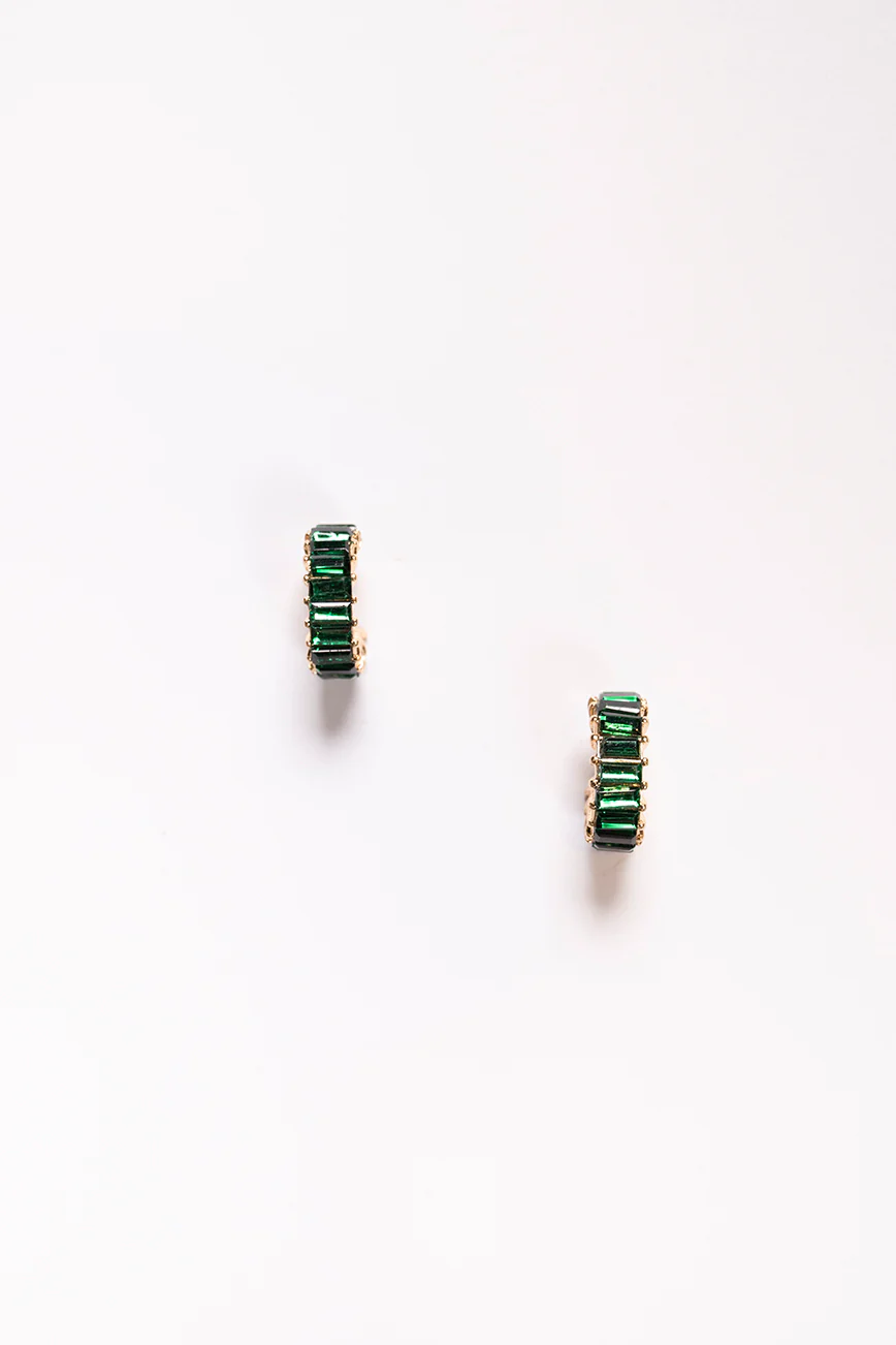 Baguette Jewel Mini Hoops in Emerald - Image 3