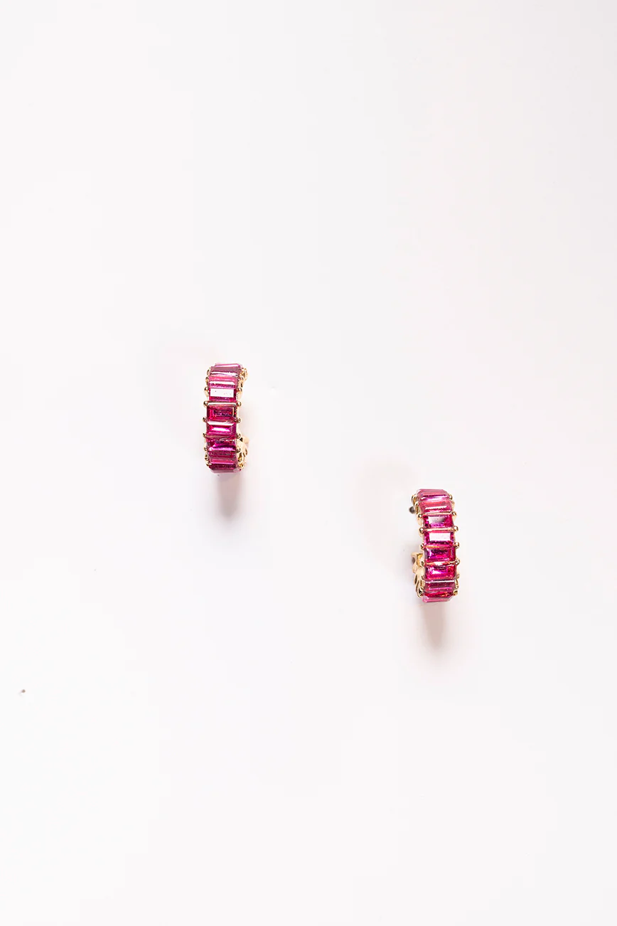 Baguette Jewel Mini Hoops in Hot Pink - Image 3