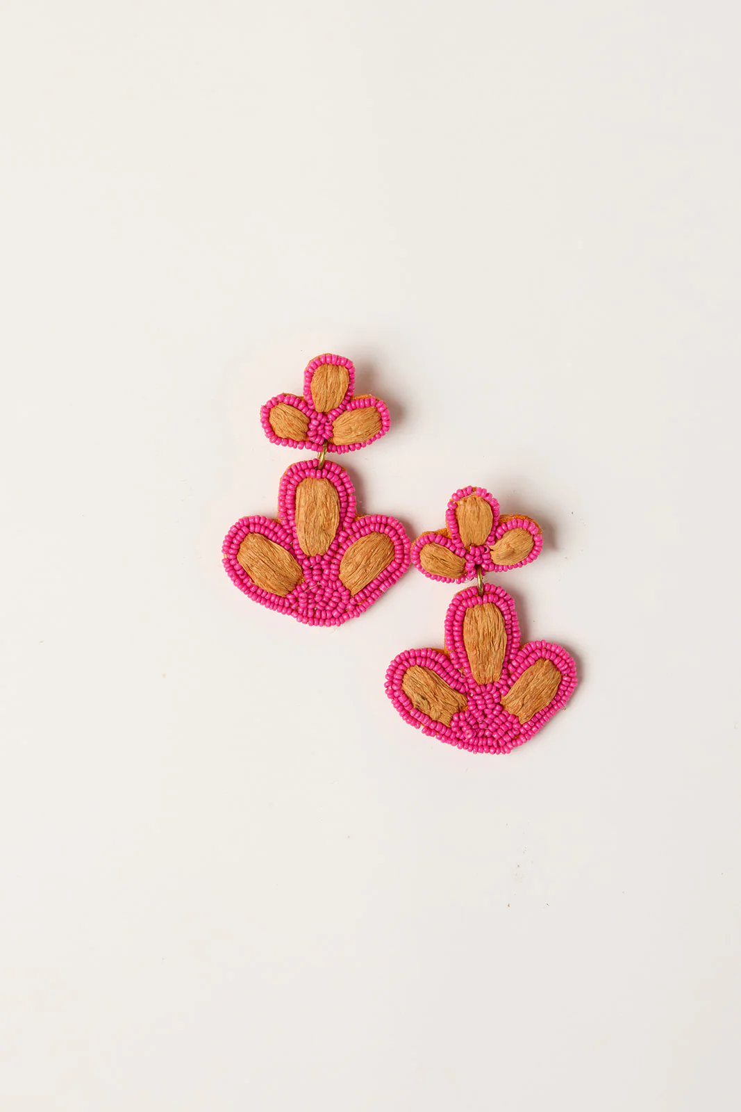Beaded Flower Drops Earring in Hot Pink & Tan