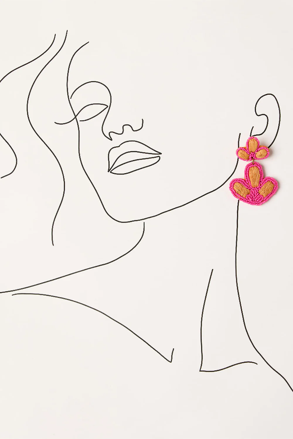 Beaded Flower Drops Earring in Hot Pink & Tan - Image 2