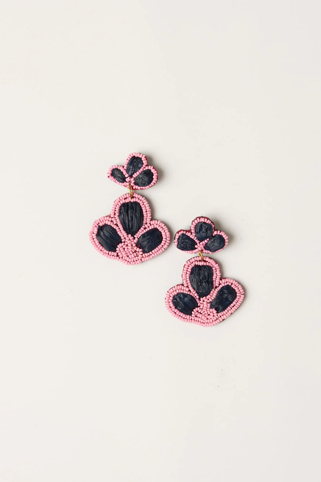 Beaded Flower Drops Earring in Pink & Navy - Image 2
