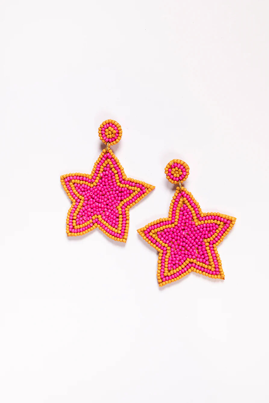 Beaded Star Earrings in Tangerine and Hot Pink