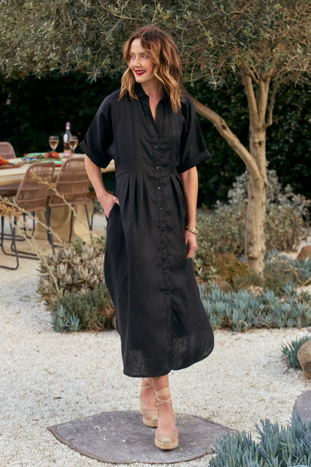 Bridget Linen Pleated Dress in Black - Image 3