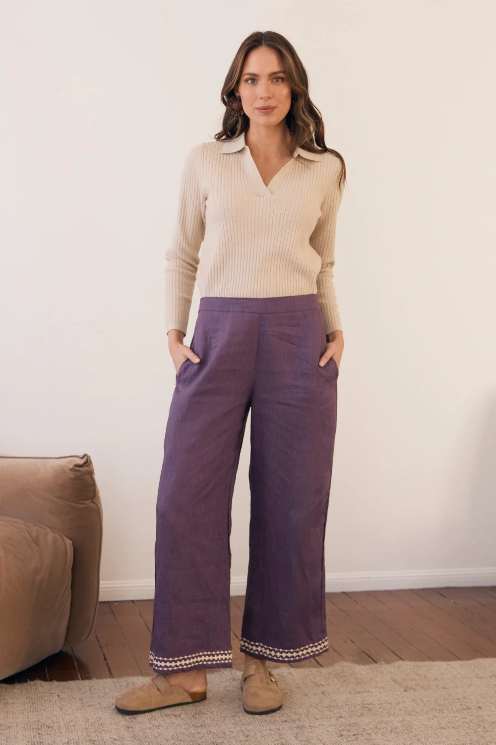 Camille Linen Wide Leg Pant in Merlot Dream - Image 7
