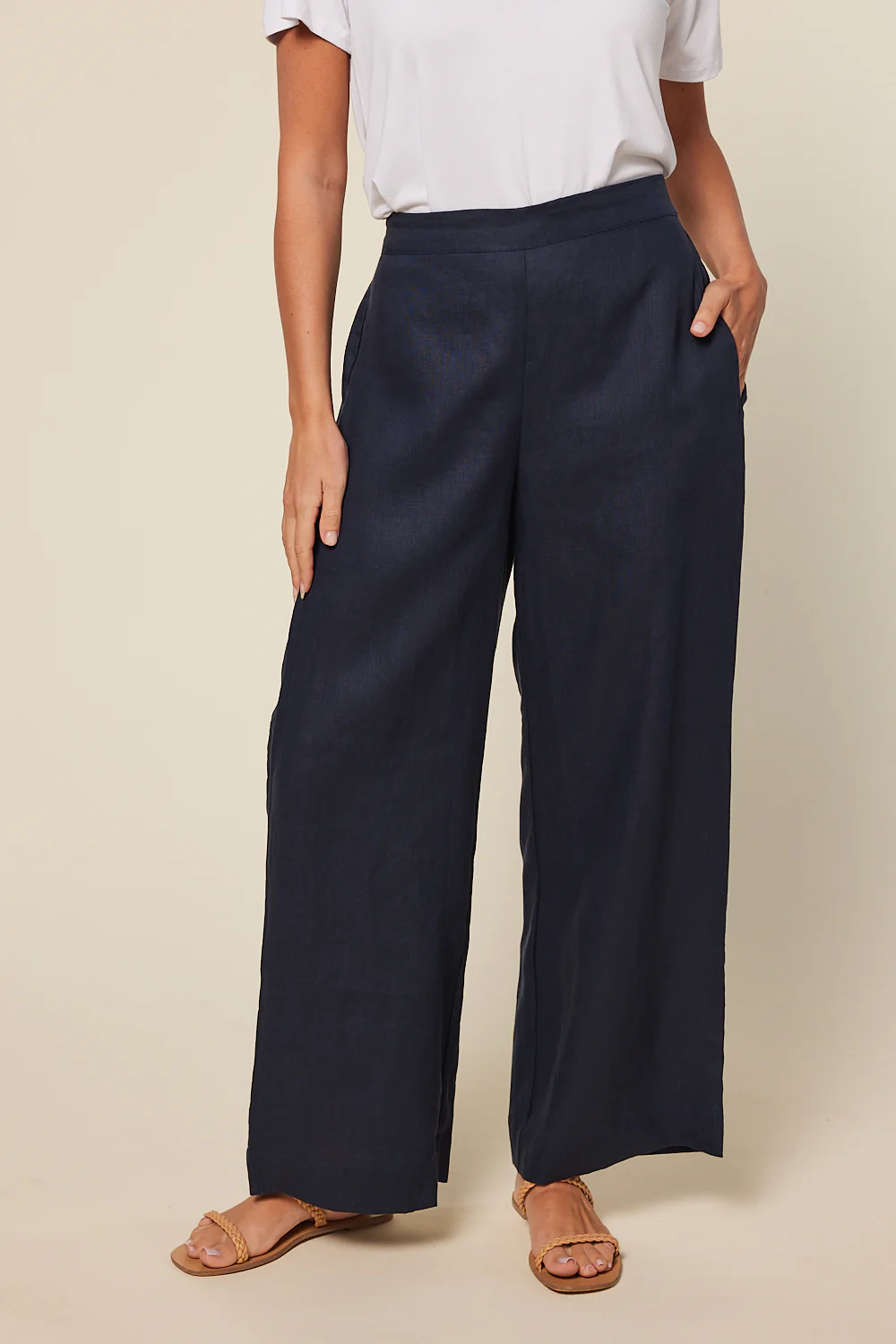 Camille Linen Wide Leg Pant in Navy - Image 3