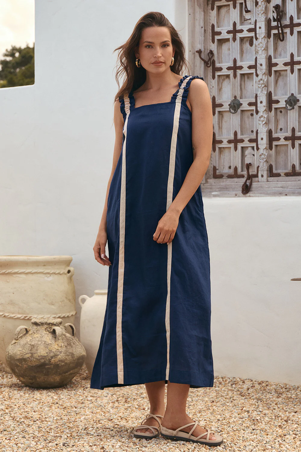 Claire Linen Frill Sun Dress in Natural Splice - Image 3