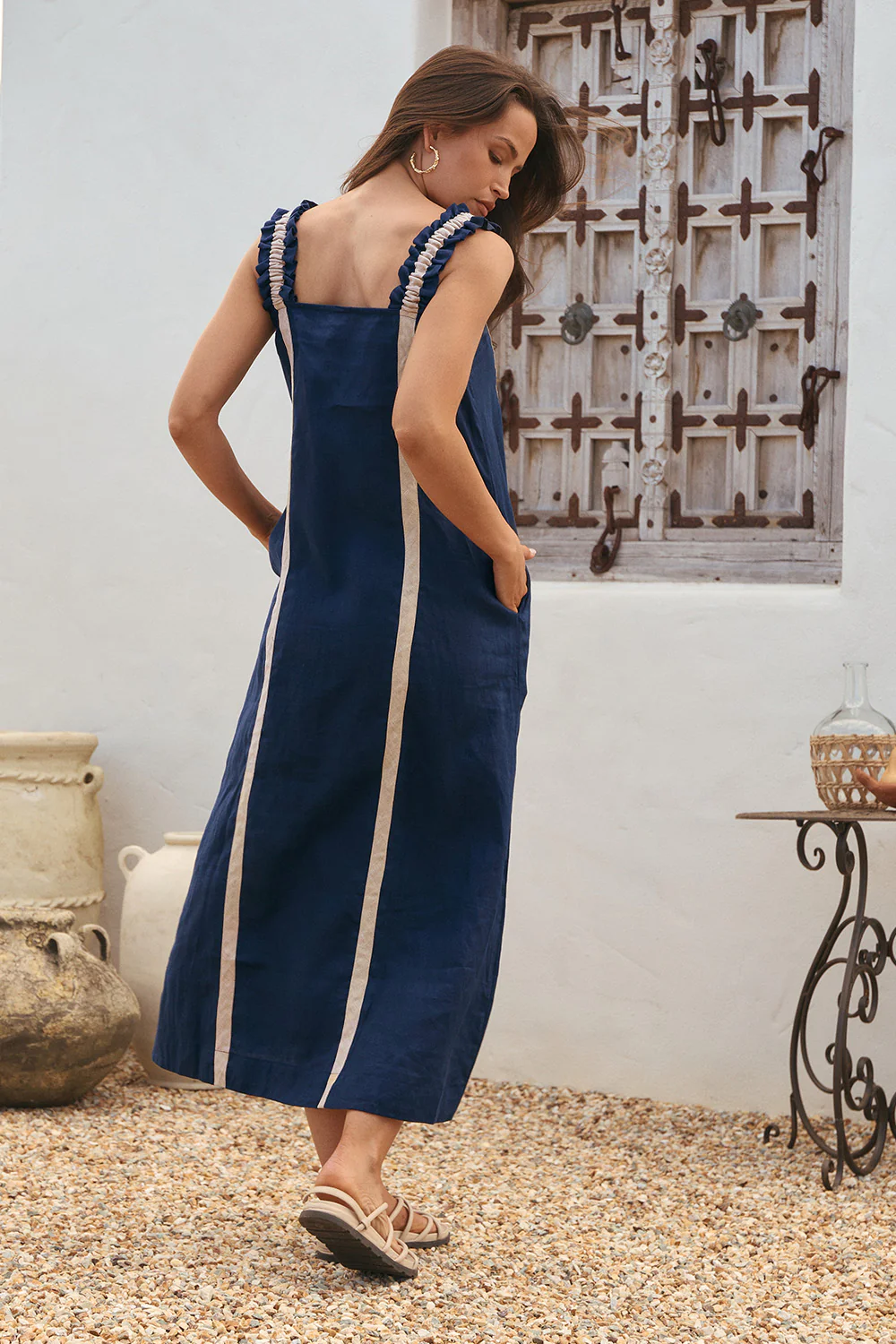 Claire Linen Frill Sun Dress in Natural Splice - Image 4