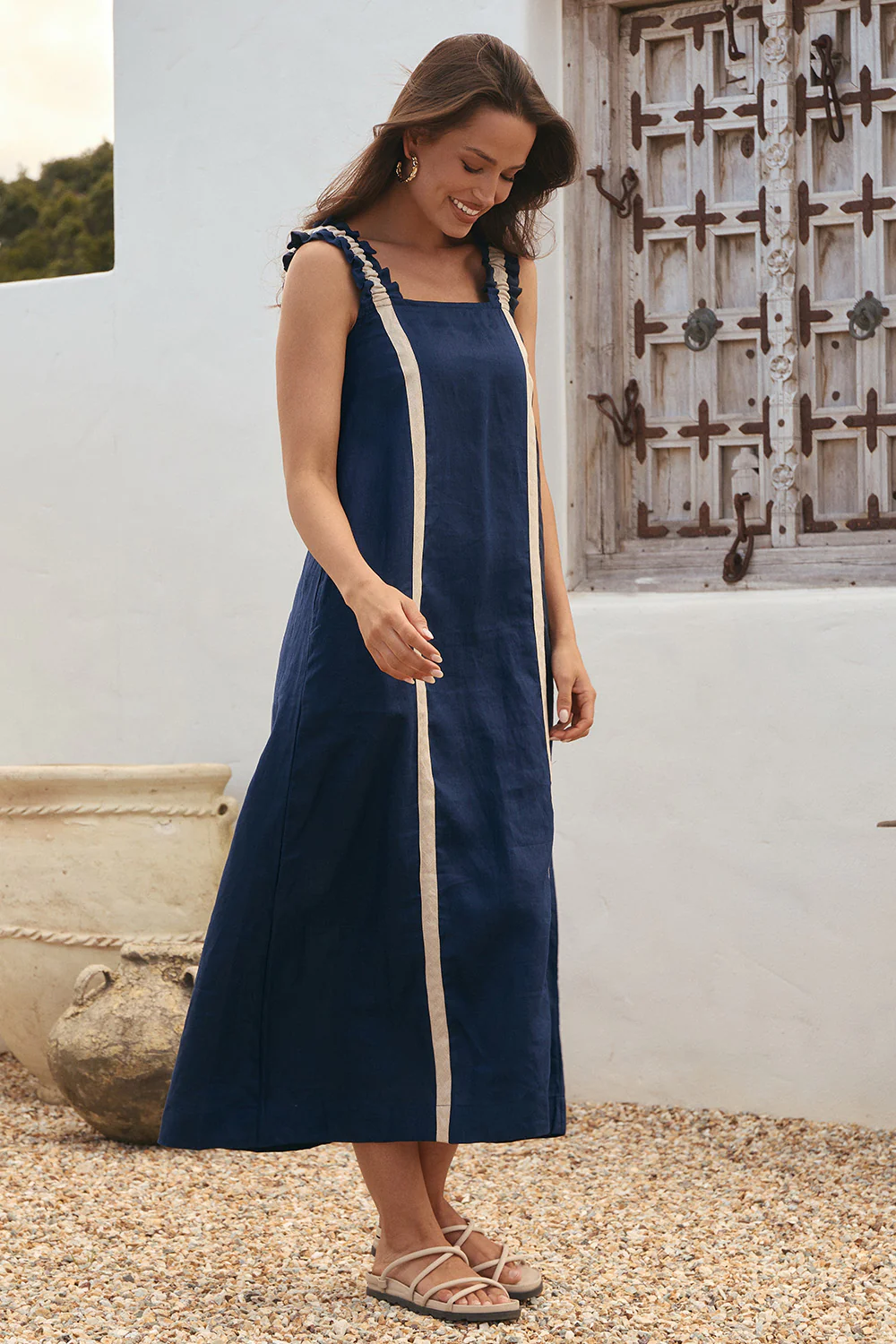 Claire Linen Frill Sun Dress in Natural Splice - Image 5