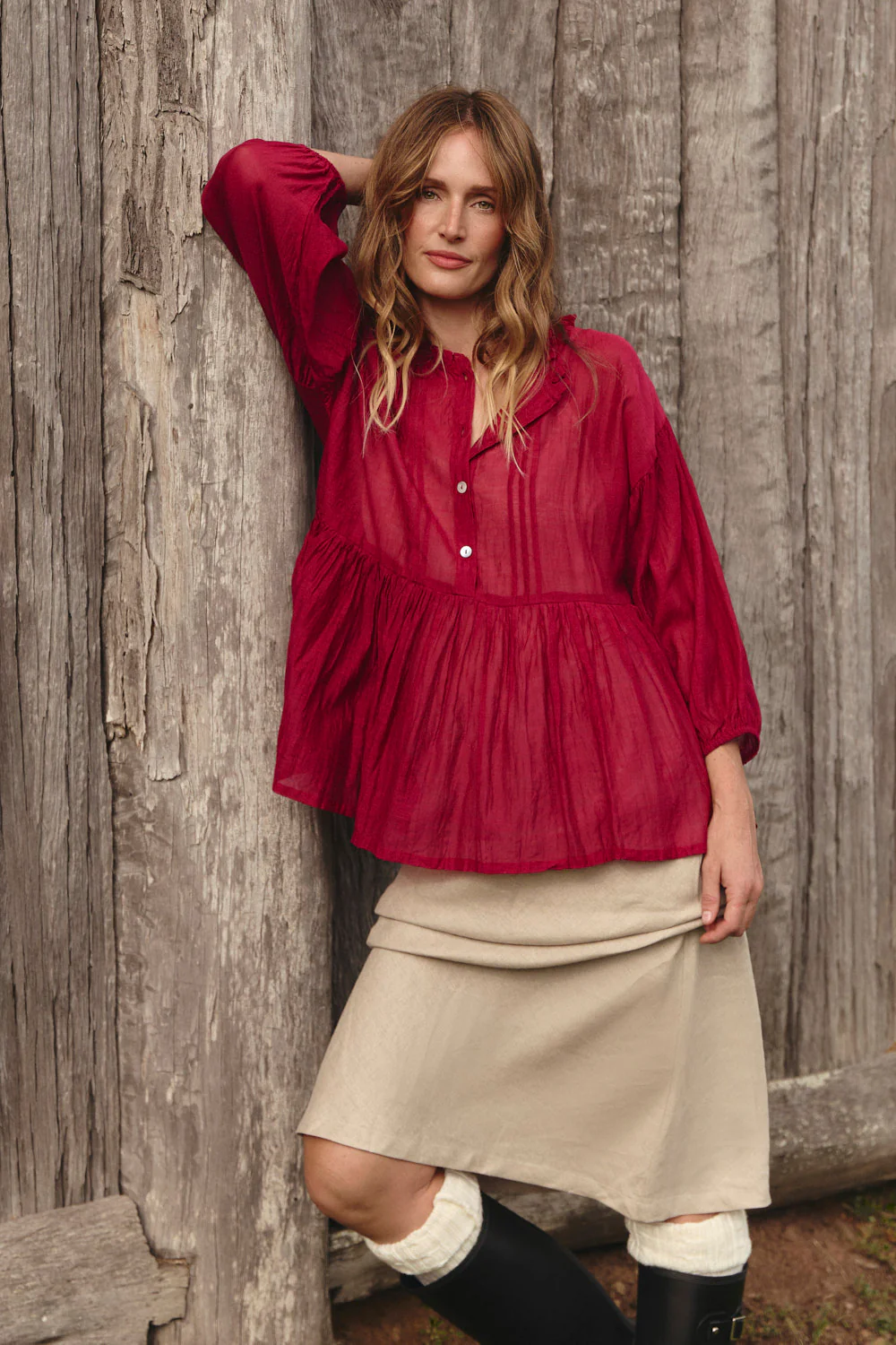 Coco Cotton Silk Blouse in Scarlet - Image 3