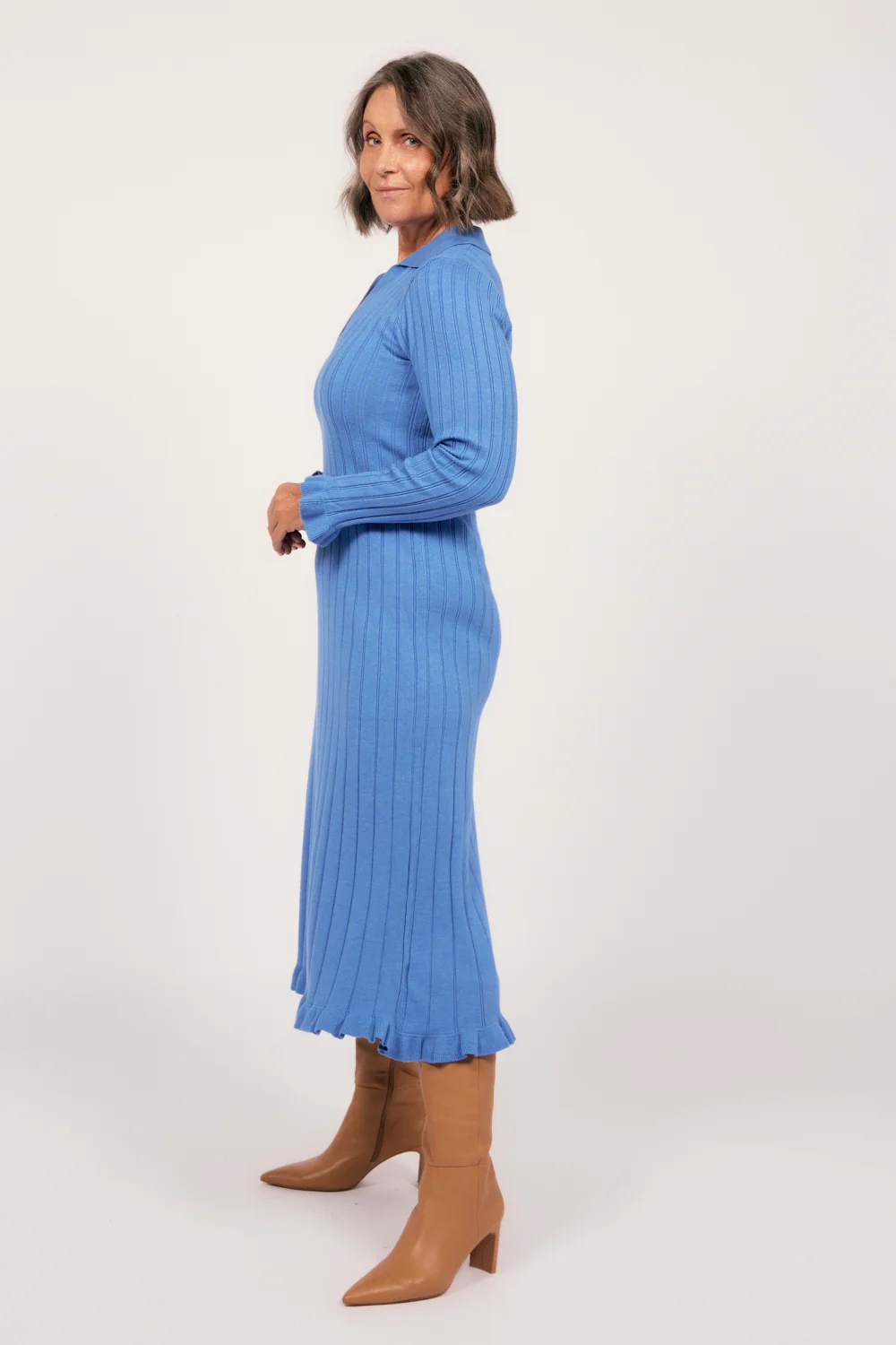 Collared Knitted Swing Dress in Blue - Image 5