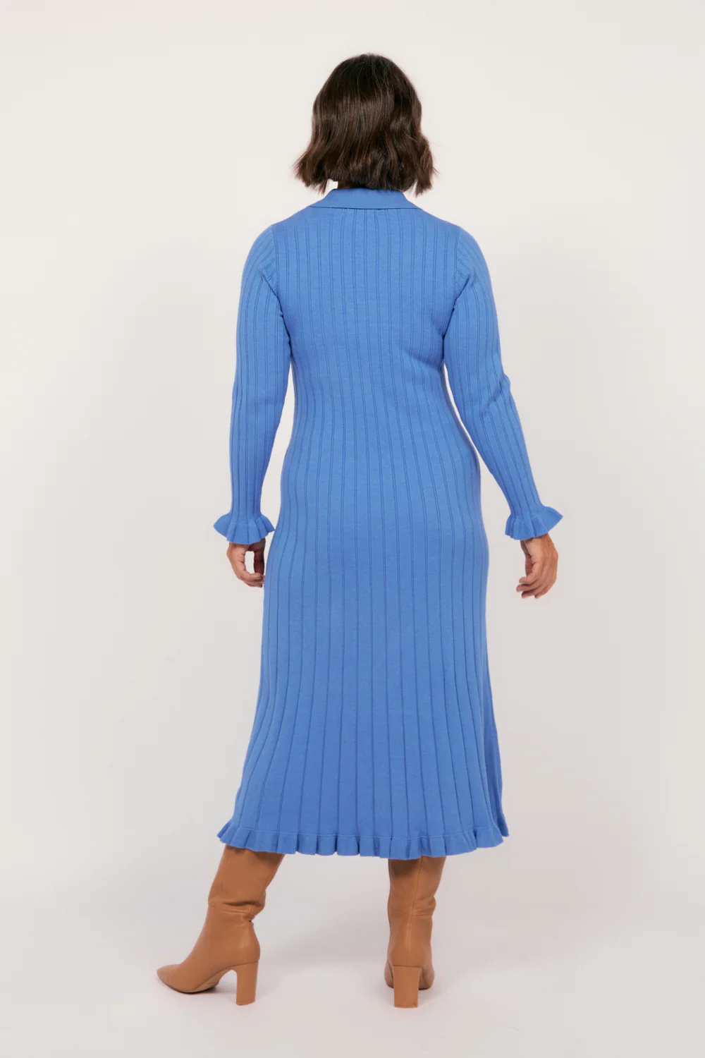 Collared Knitted Swing Dress in Blue - Image 6