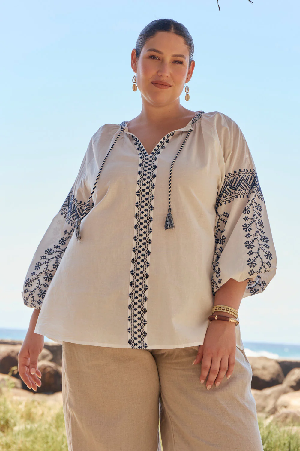 Danny Embroidered Top in Navy Embroidered
