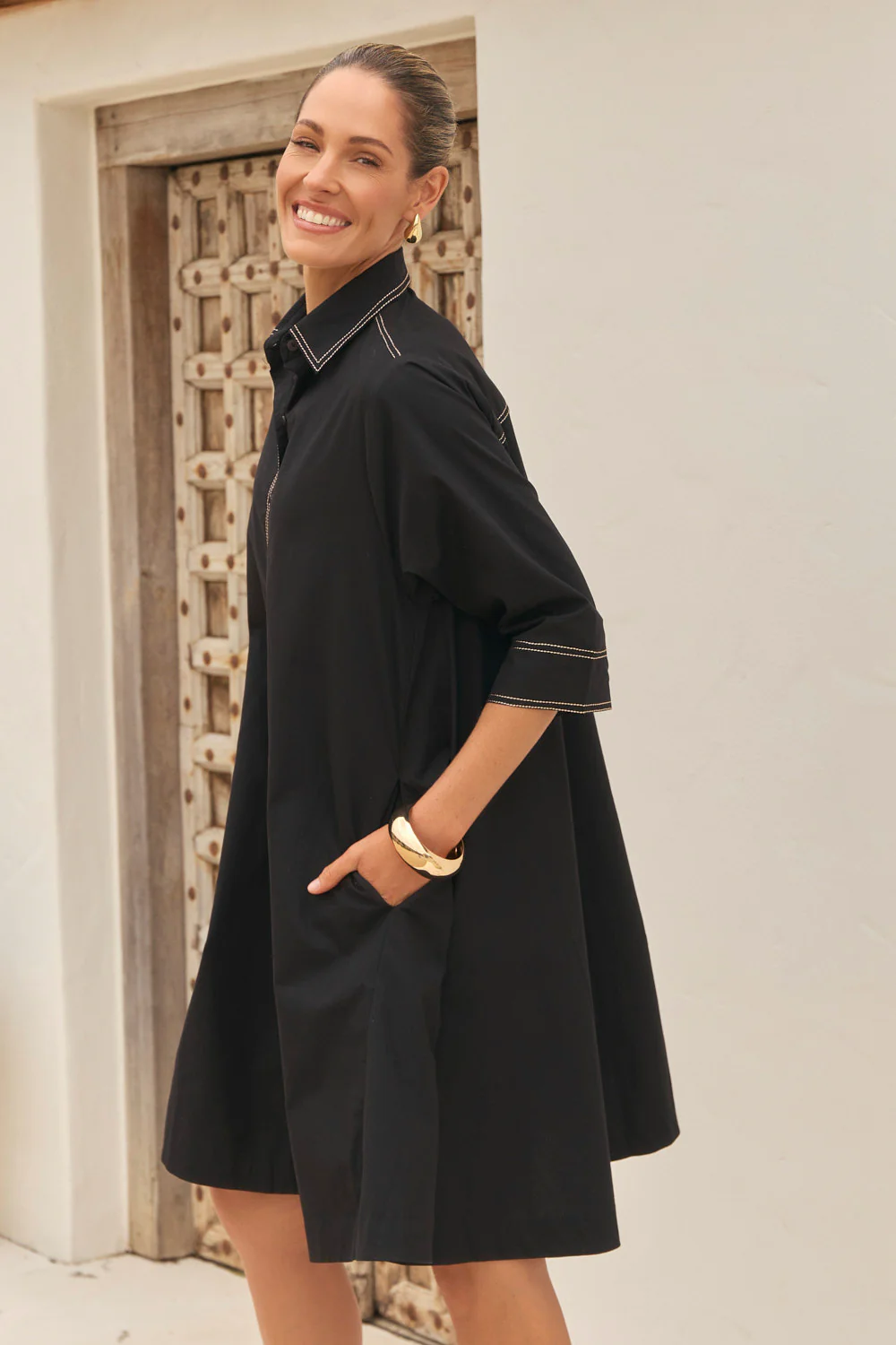 Jojo Swing Shirt Dress in Black Poplin - Image 4