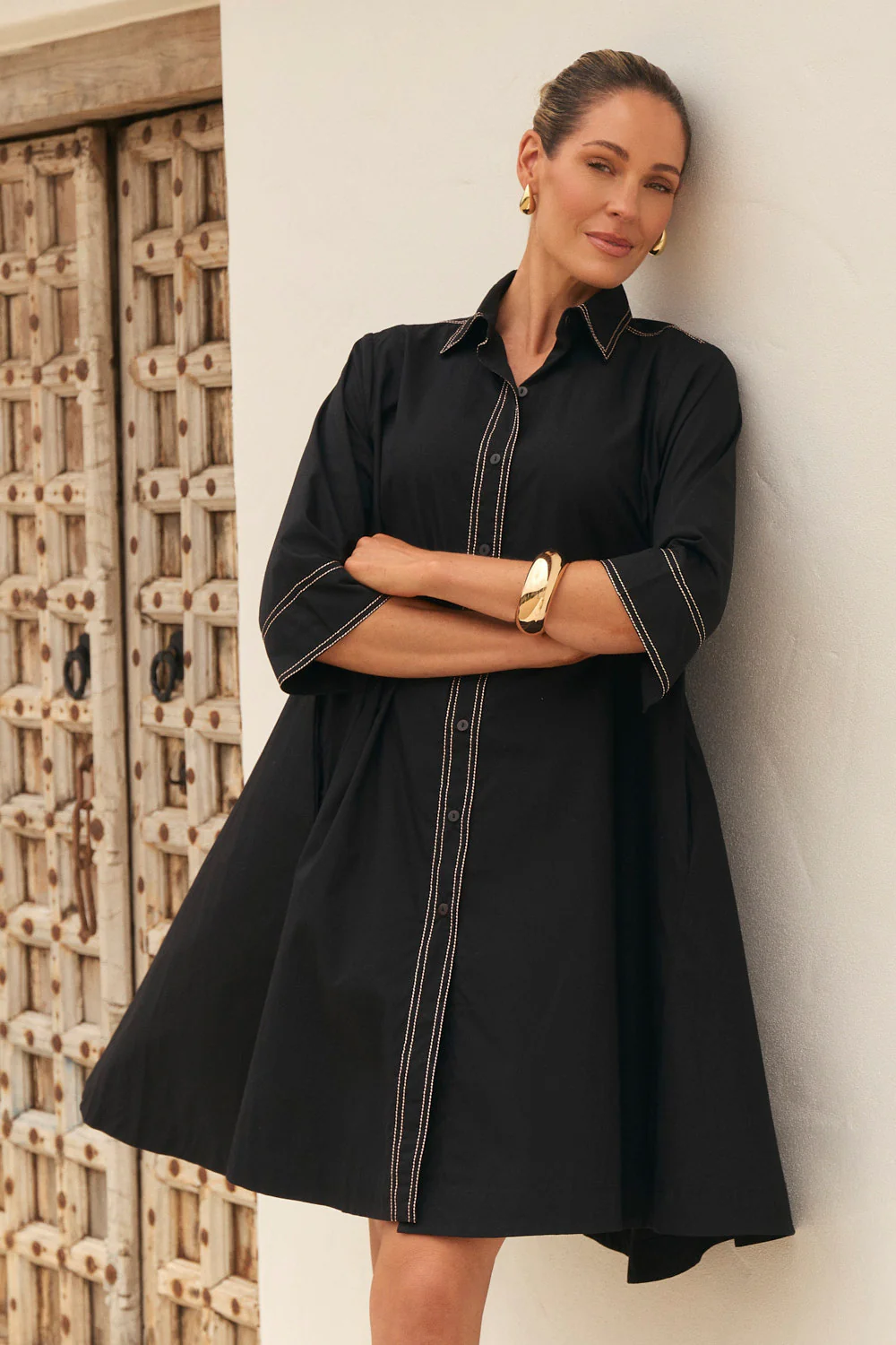 Jojo Swing Shirt Dress in Black Poplin - Image 5