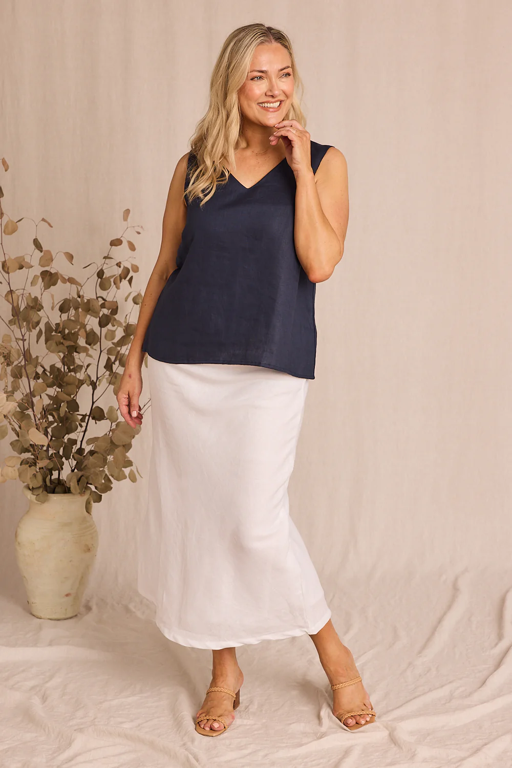 Katie Bias Cut Linen Skirt in White - Image 4