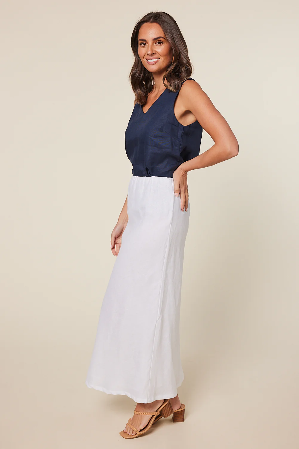 Katie Bias Cut Linen Skirt in White - Image 6
