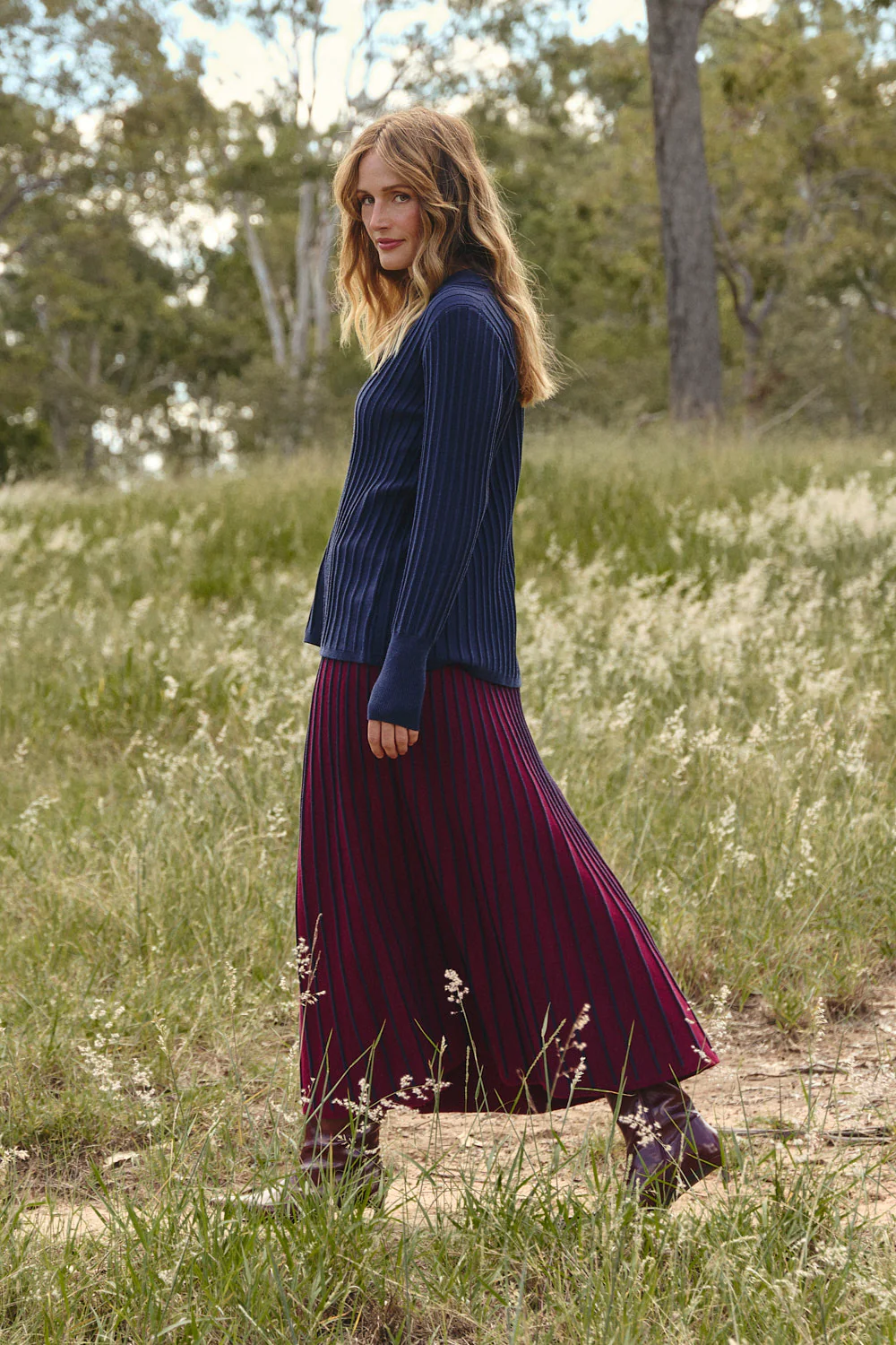 Knitted A-Line Skirt in Cherry Red - Image 3