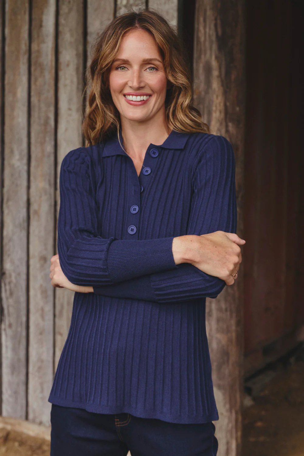 Knitted Collared Jumper in Navy - Image 3
