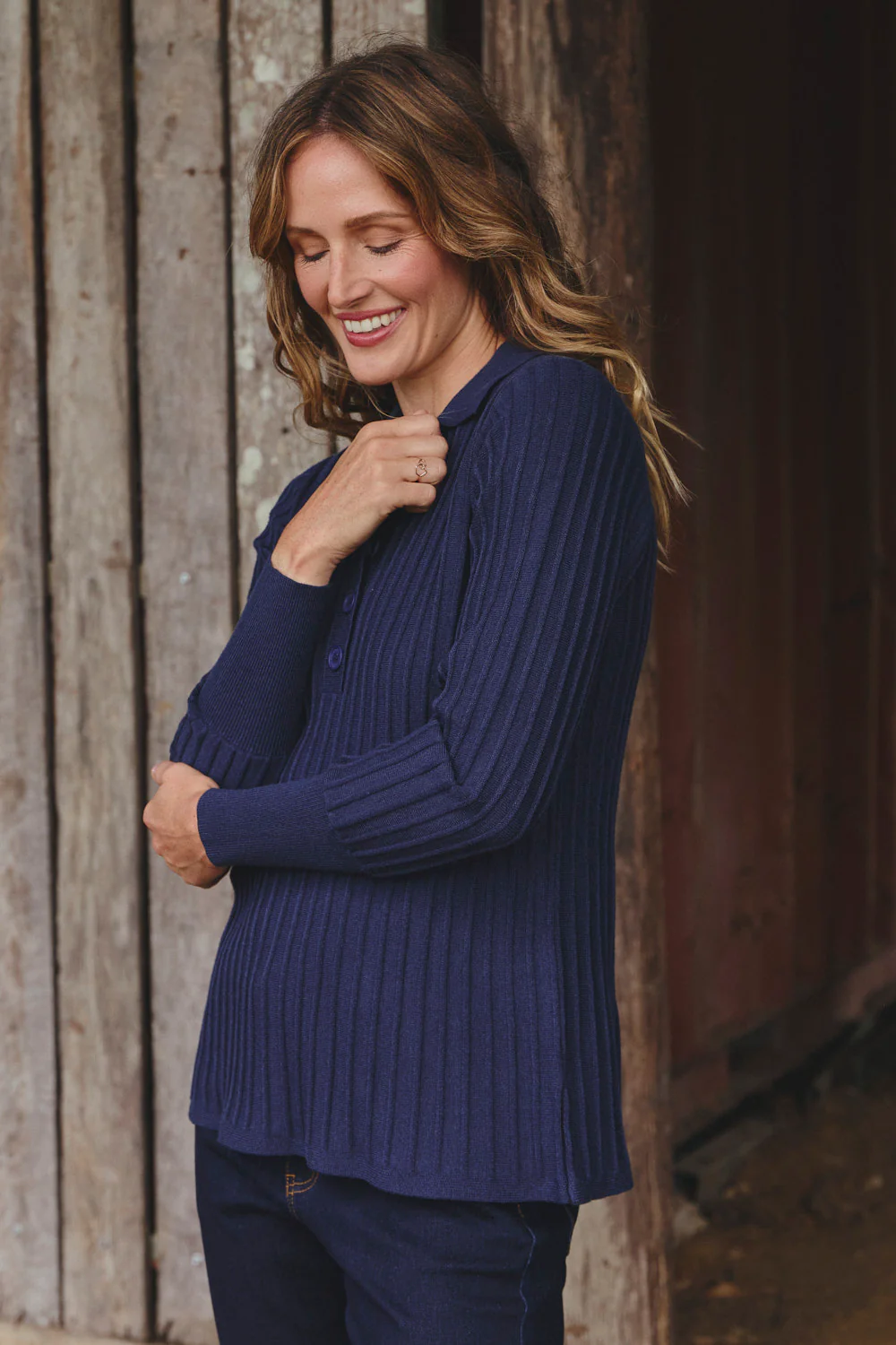 Knitted Collared Jumper in Navy - Image 4