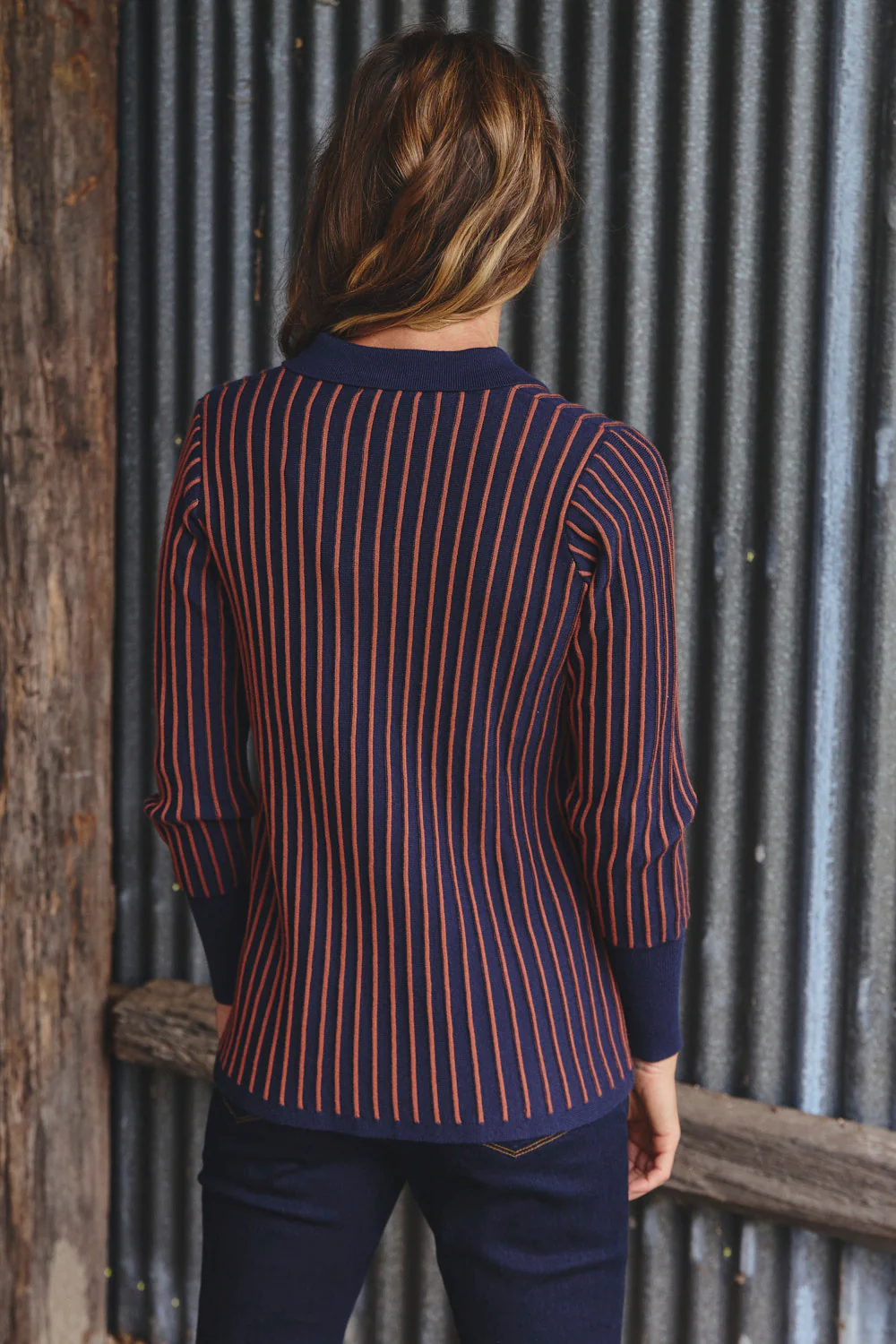 Knitted Collared Jumper in Navy Spice - Image 8