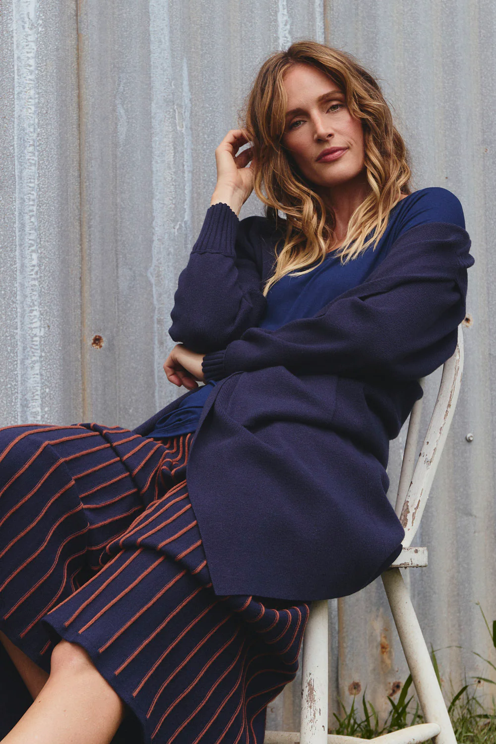 Knitted Long Line Cardigan in Navy - Image 7
