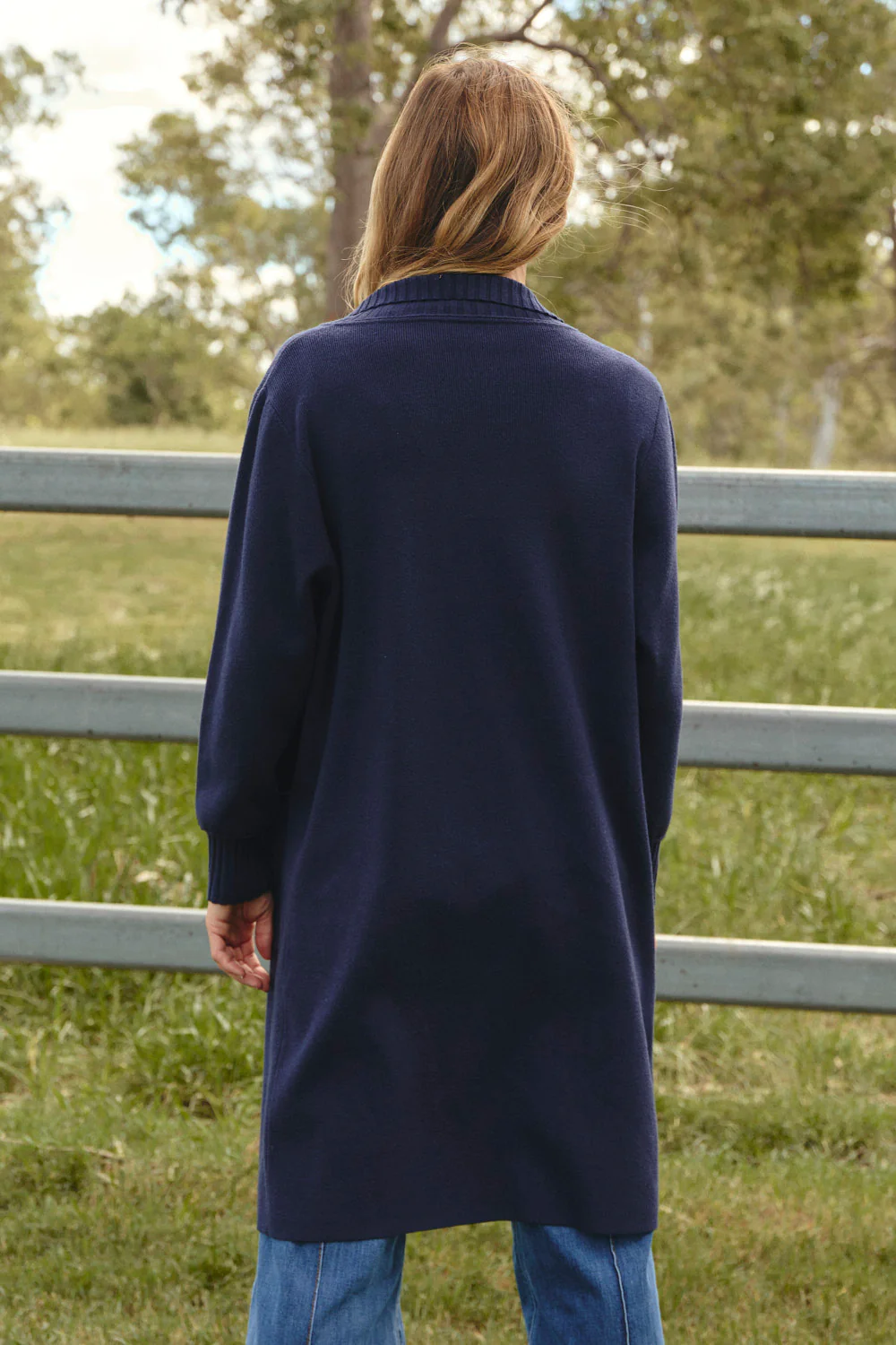 Knitted Long Line Cardigan in Navy - Image 8
