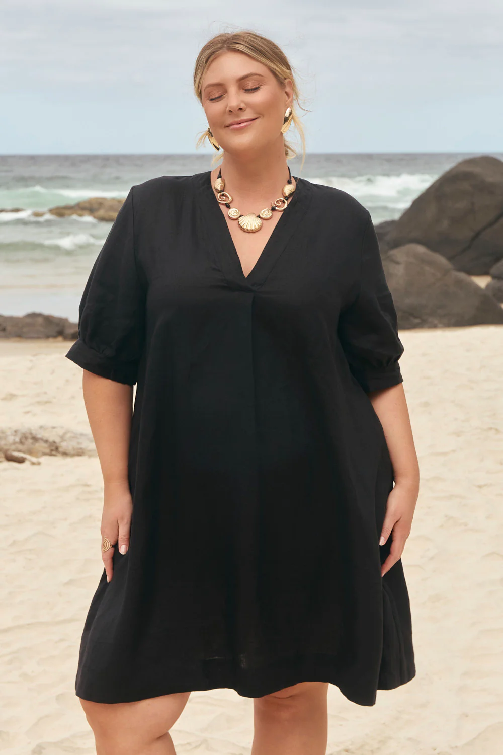 Kora Linen A-Line Puff Sleeve Dress in Black - Image 3