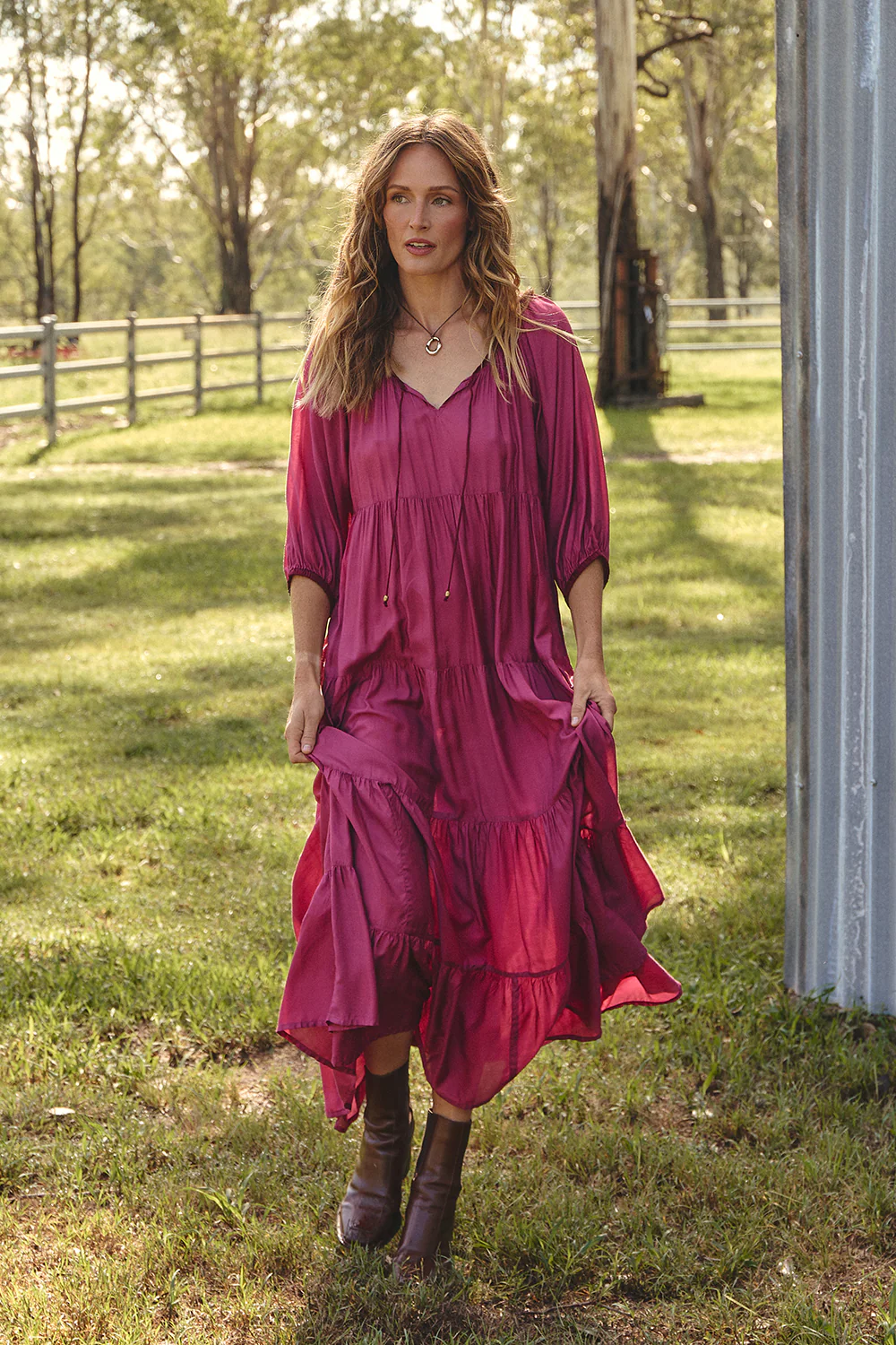 Layla Cotton Silk Tiered Dress in Rose Wine - Image 6
