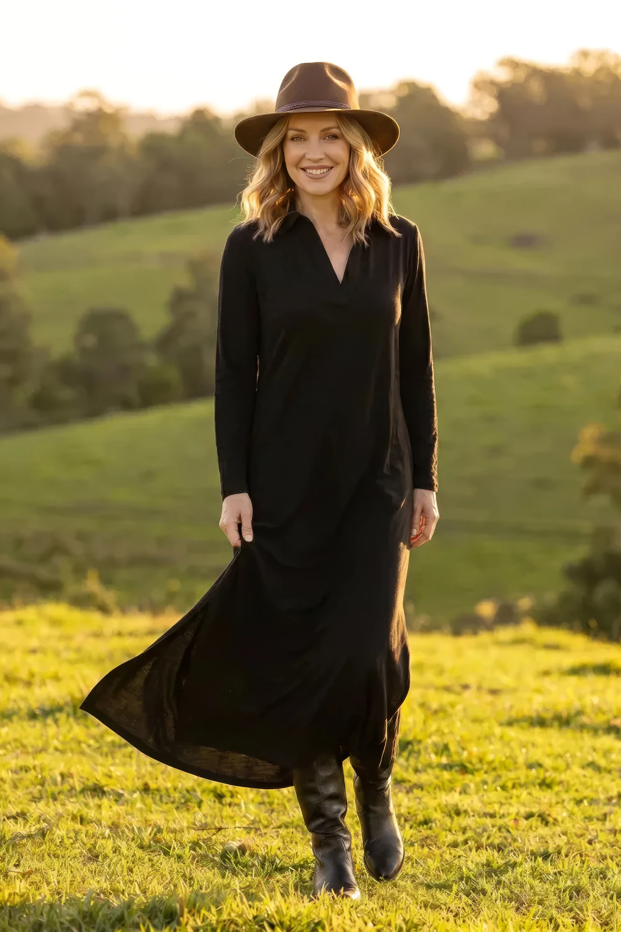 Collared Long Sleeve Swing Tee Dress in Black - Image 3