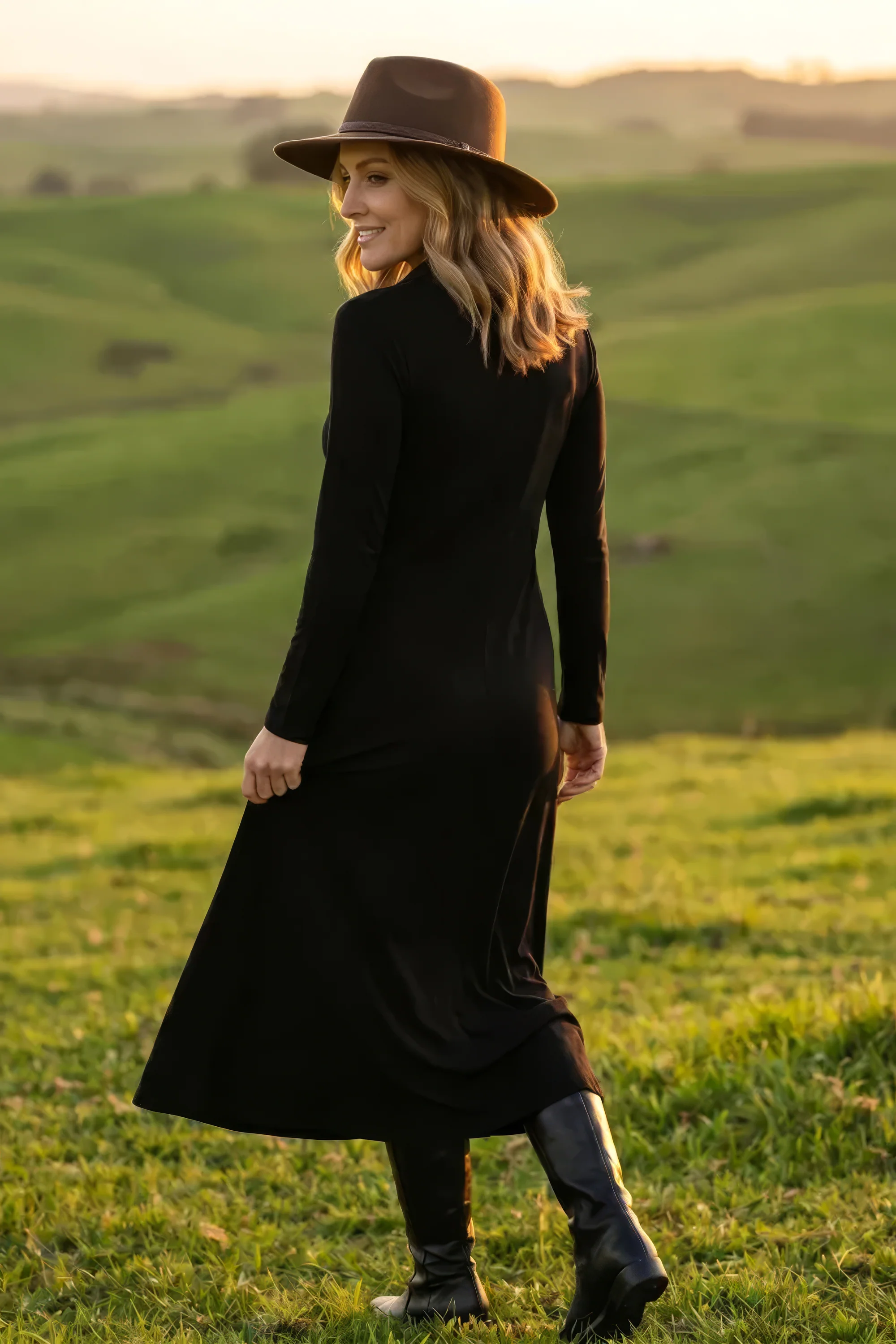 Collared Long Sleeve Swing Tee Dress in Black - Image 5