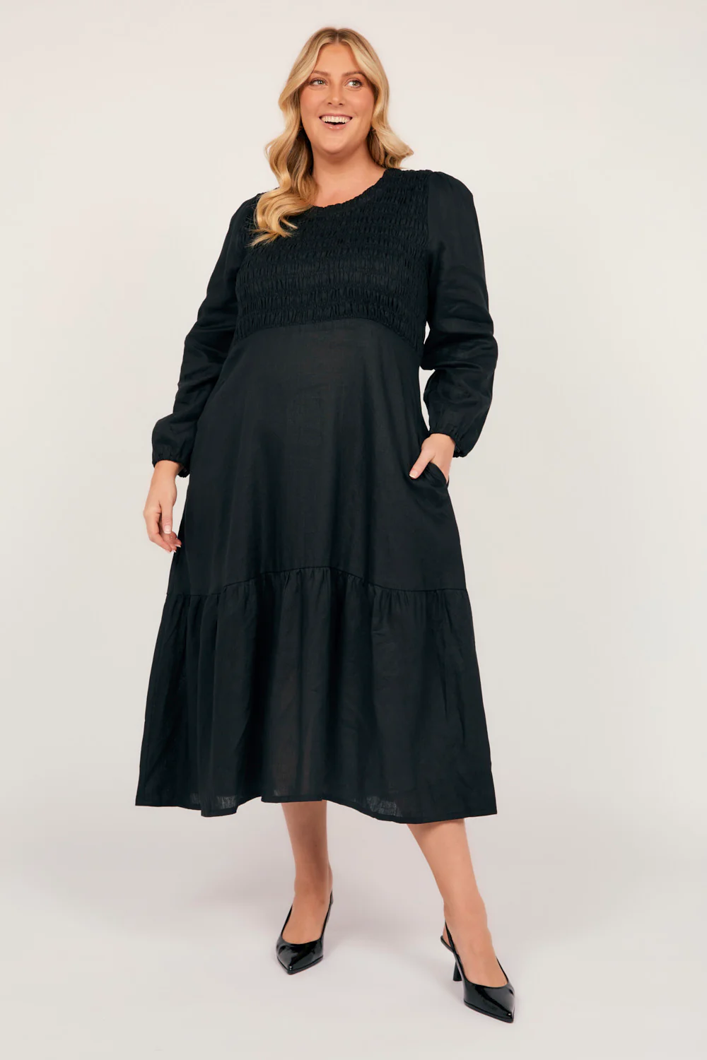 Minden Linen Long Sleeve Shirred Dress in Black - Image 3