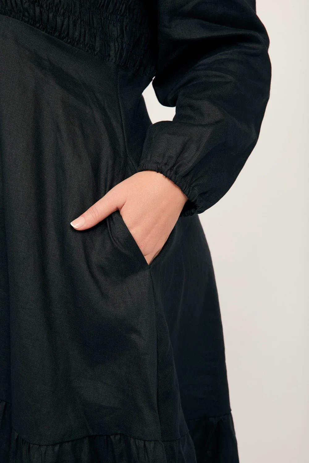 Minden Linen Long Sleeve Shirred Dress in Black - Image 5