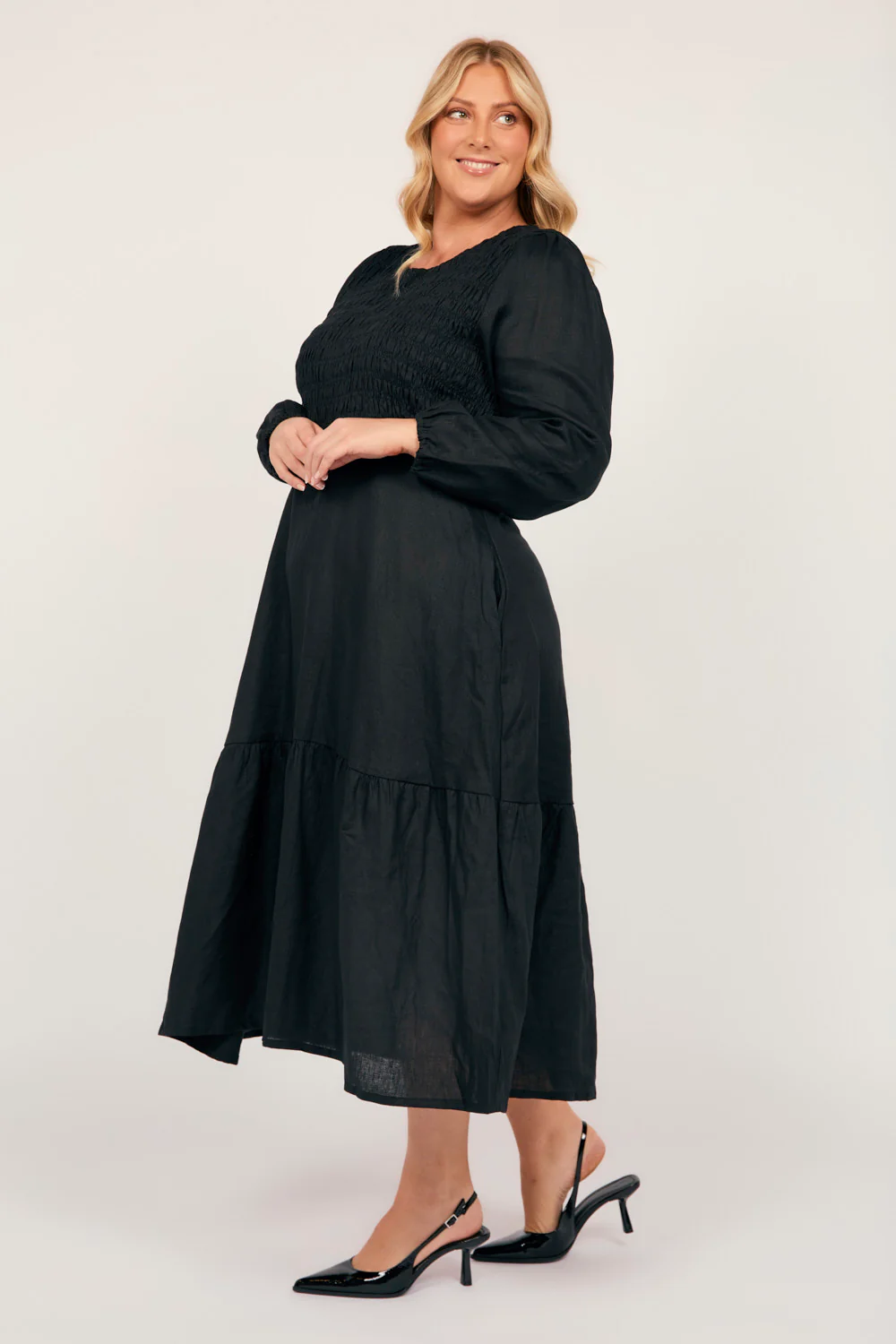 Minden Linen Long Sleeve Shirred Dress in Black - Image 6