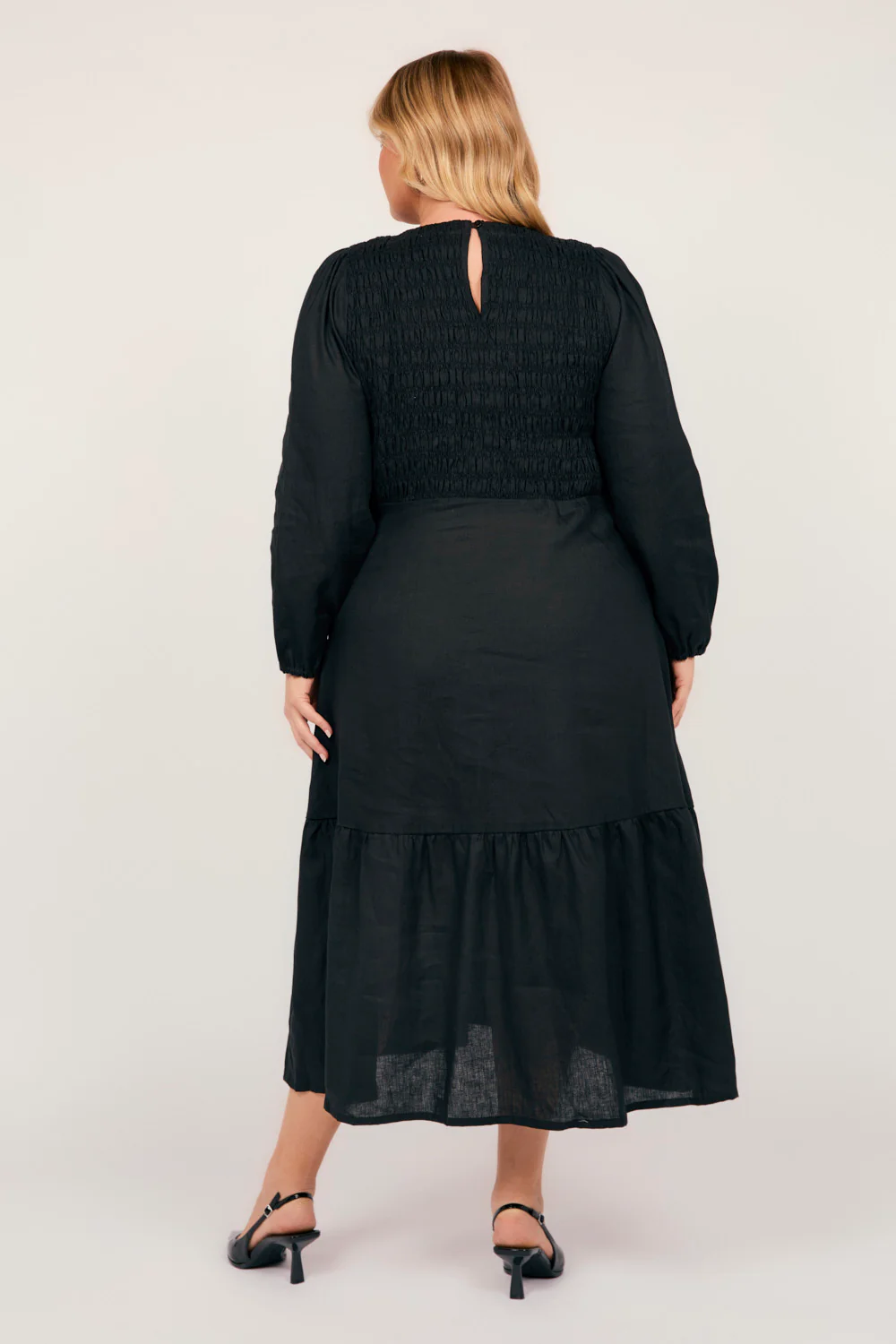 Minden Linen Long Sleeve Shirred Dress in Black - Image 7