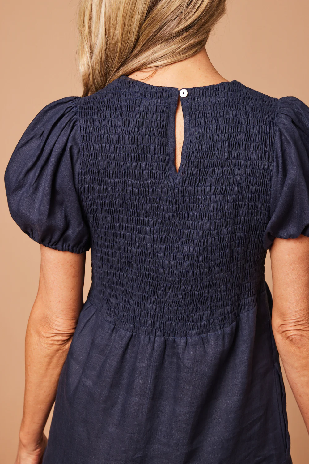 Minden Linen Shirred Short Sleeve Dress in Navy - Image 5