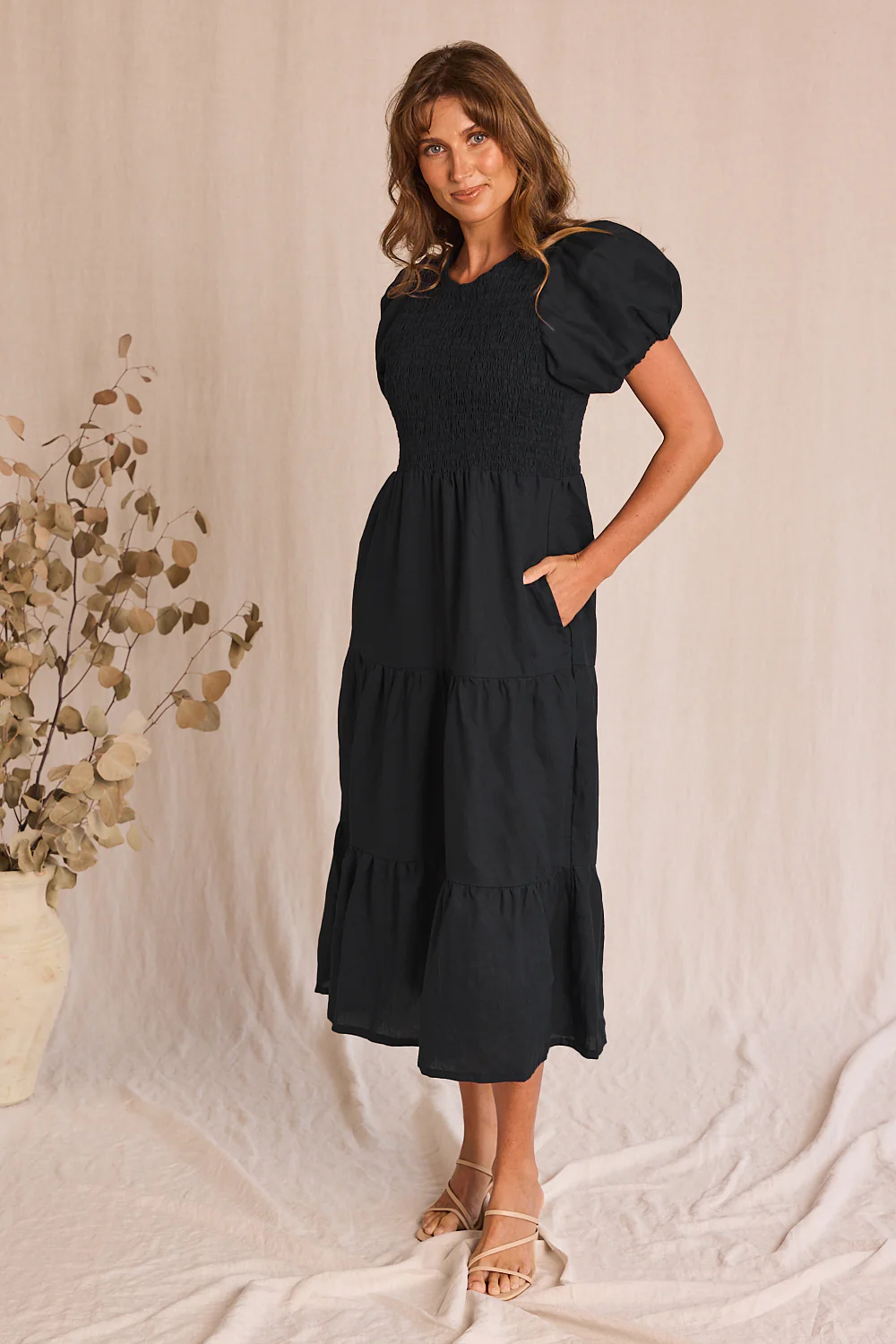 Minden Linen Shirred Short Sleeve Dress in Black - Image 5