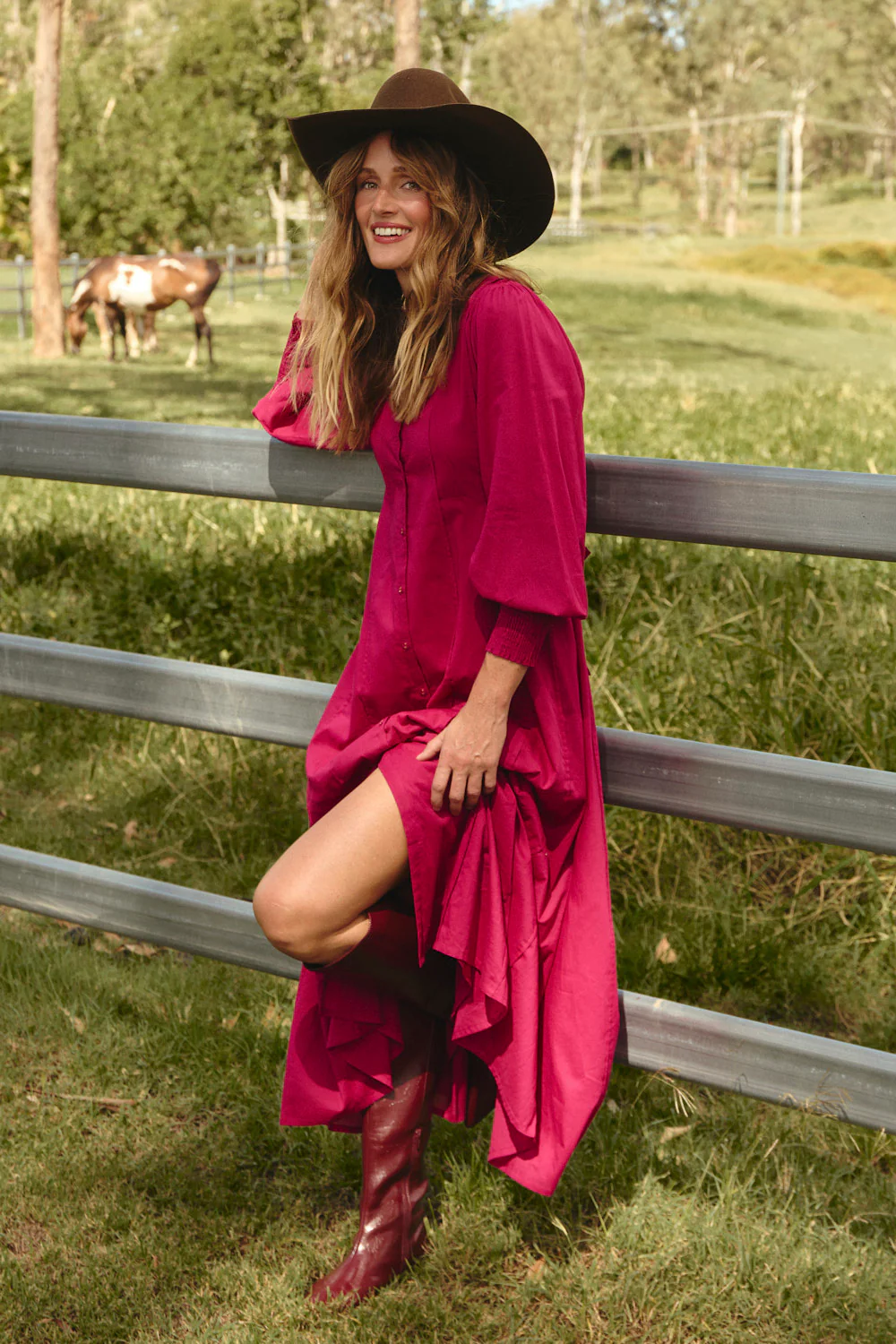 Ophelia Button Through Dress in Magenta - Image 2