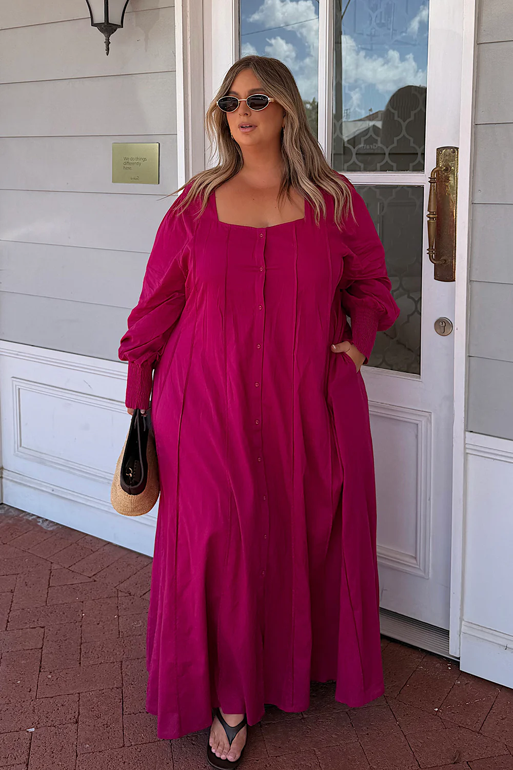 Ophelia Button Through Dress in Magenta - Image 4