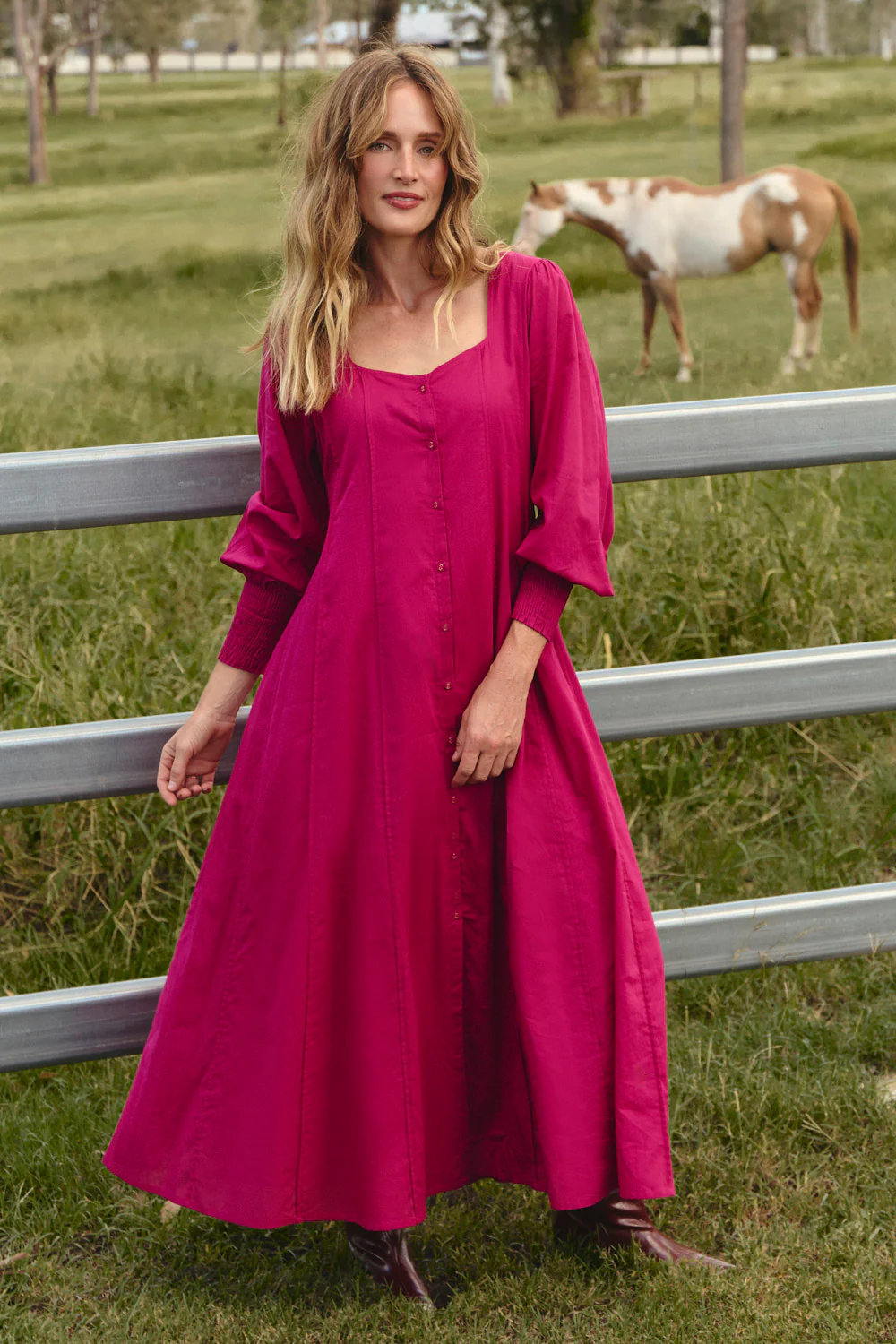 Ophelia Button Through Dress in Magenta - Image 7