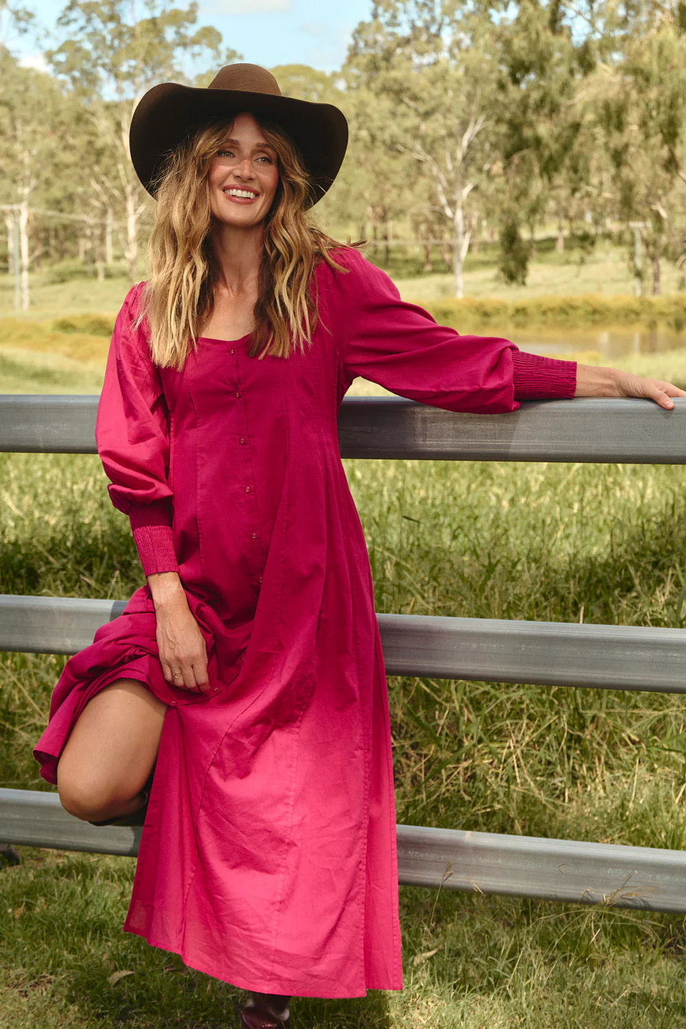 Ophelia Button Through Dress in Magenta - Image 8