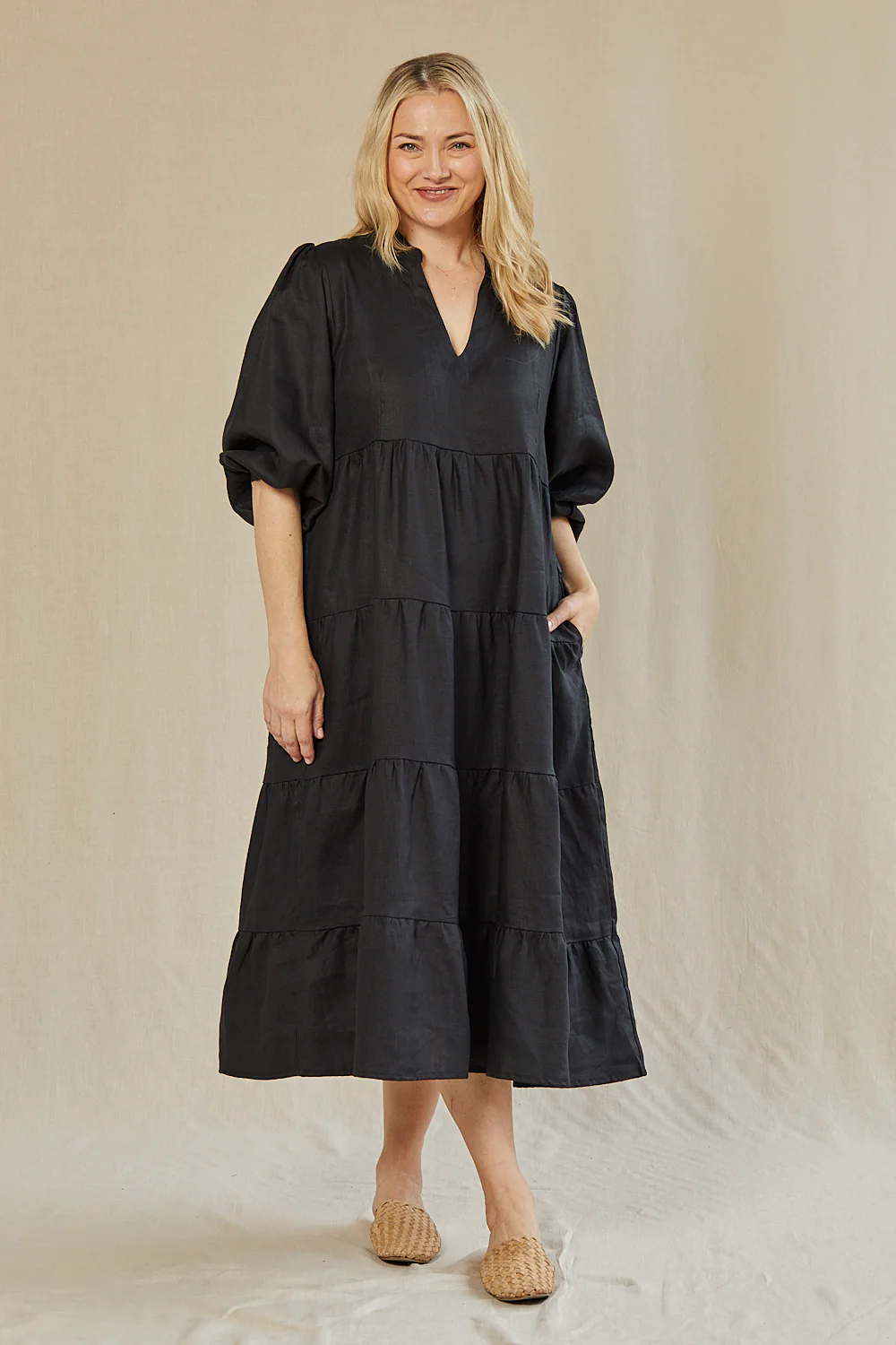 Sabre Linen V-Neck Dress in Black - Image 3