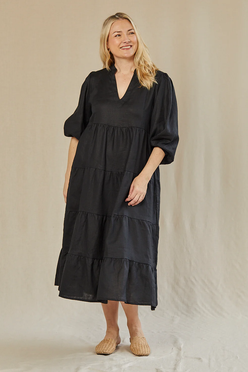 Sabre Linen V-Neck Dress in Black - Image 5