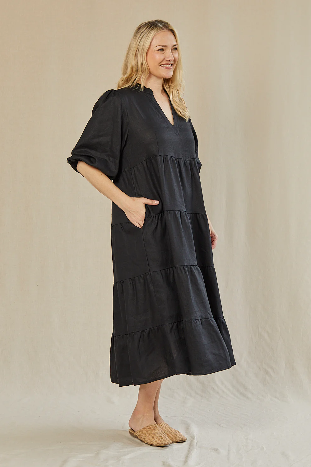 Sabre Linen V-Neck Dress in Black - Image 6