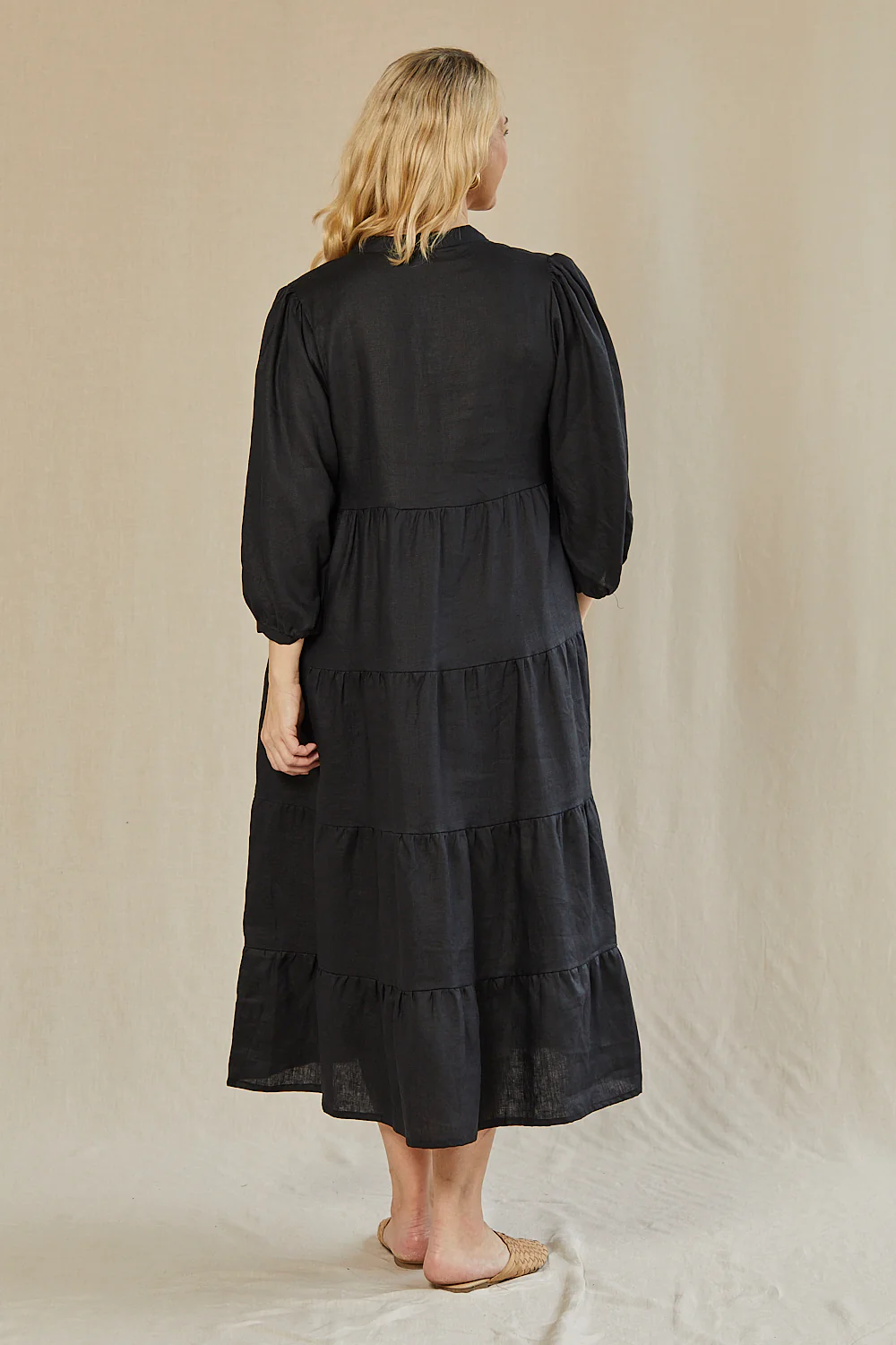 Sabre Linen V-Neck Dress in Black - Image 7